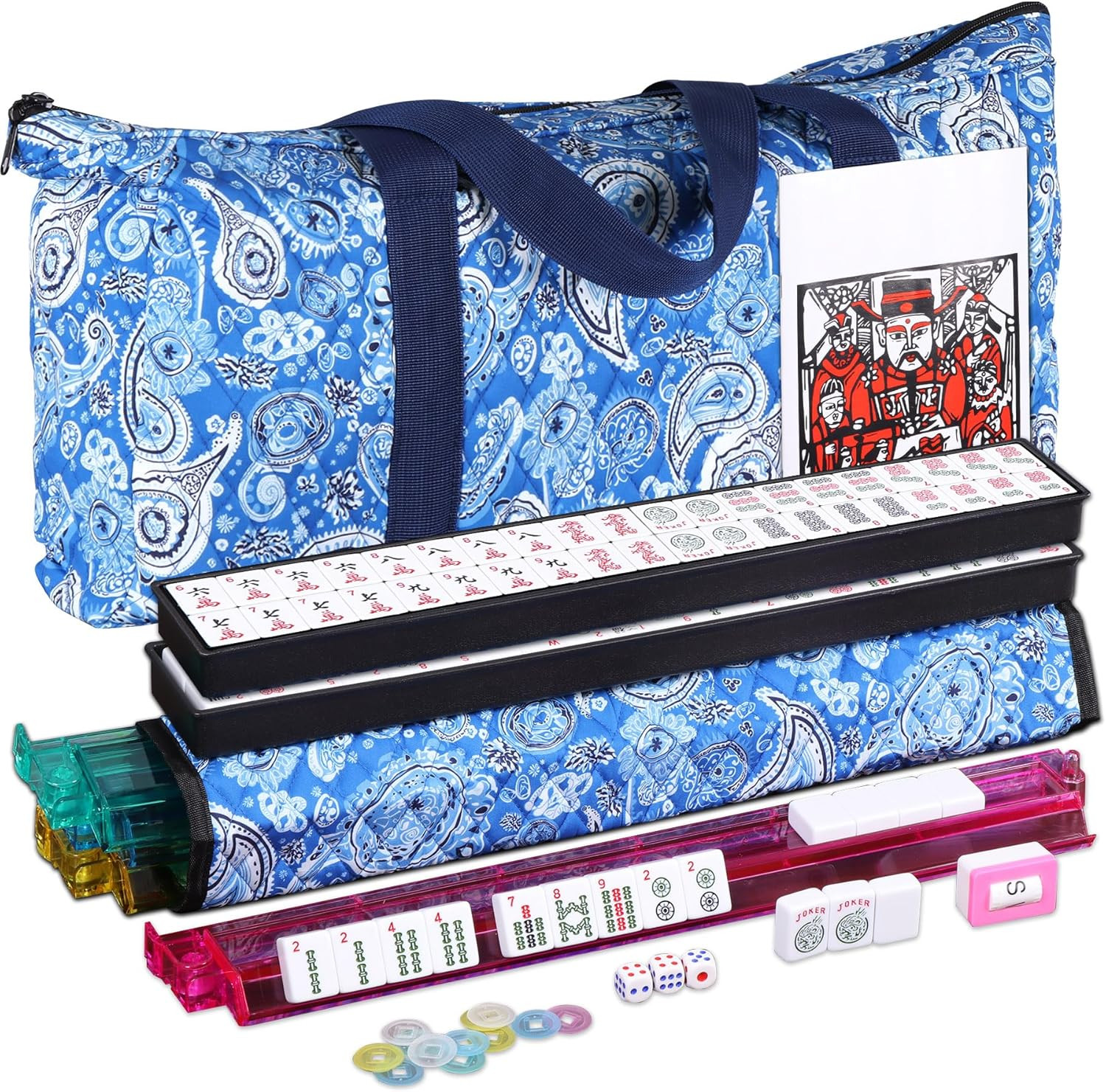 American Mahjong Mah Jongg Set 166 Tiles 4 All-In-One Color Rack/Pushers Soft Ba