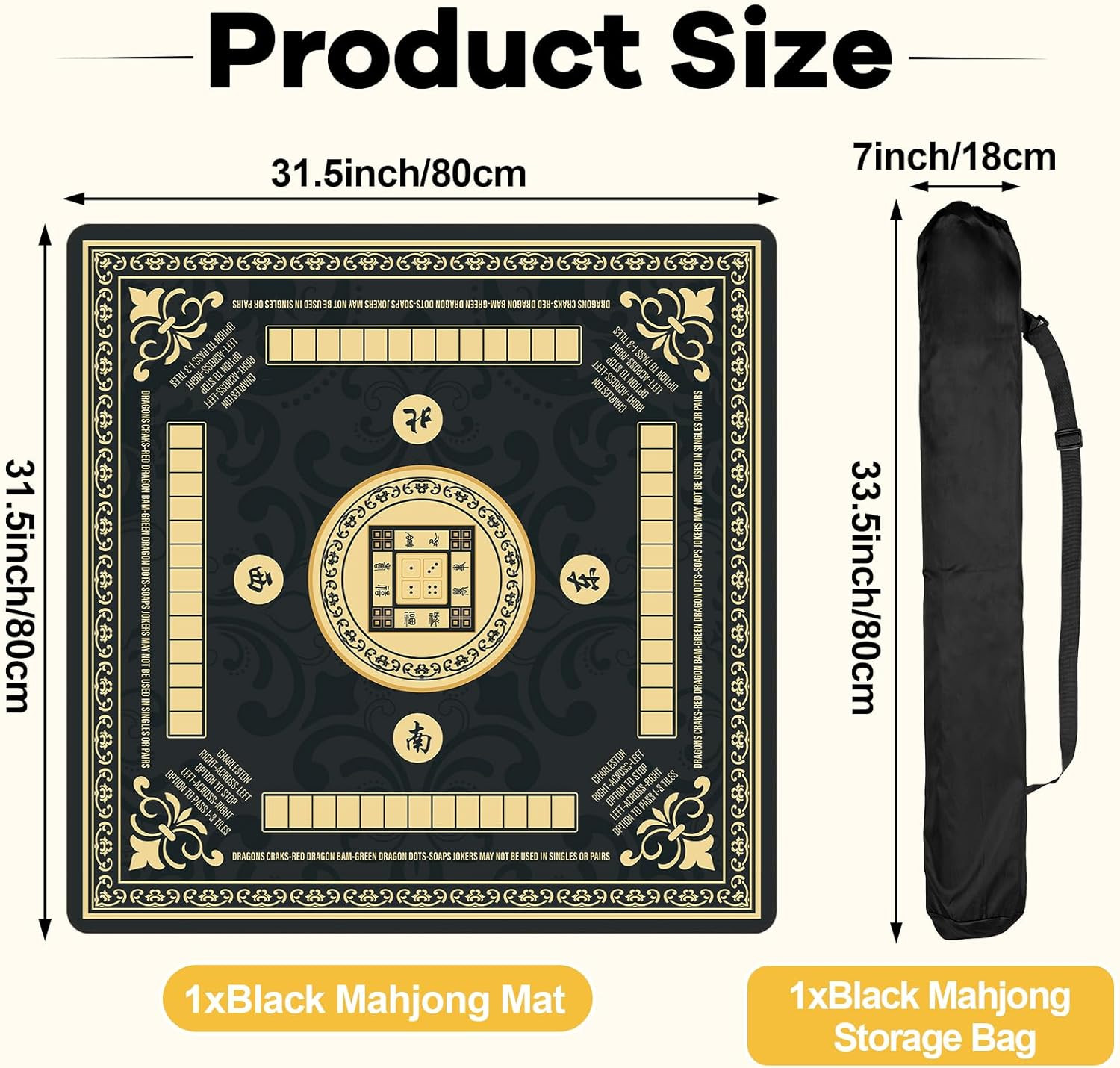 Black Mahjong Mat with Black Carrying Bag 31.5 x 31.5 Inches Multi Purpose Game