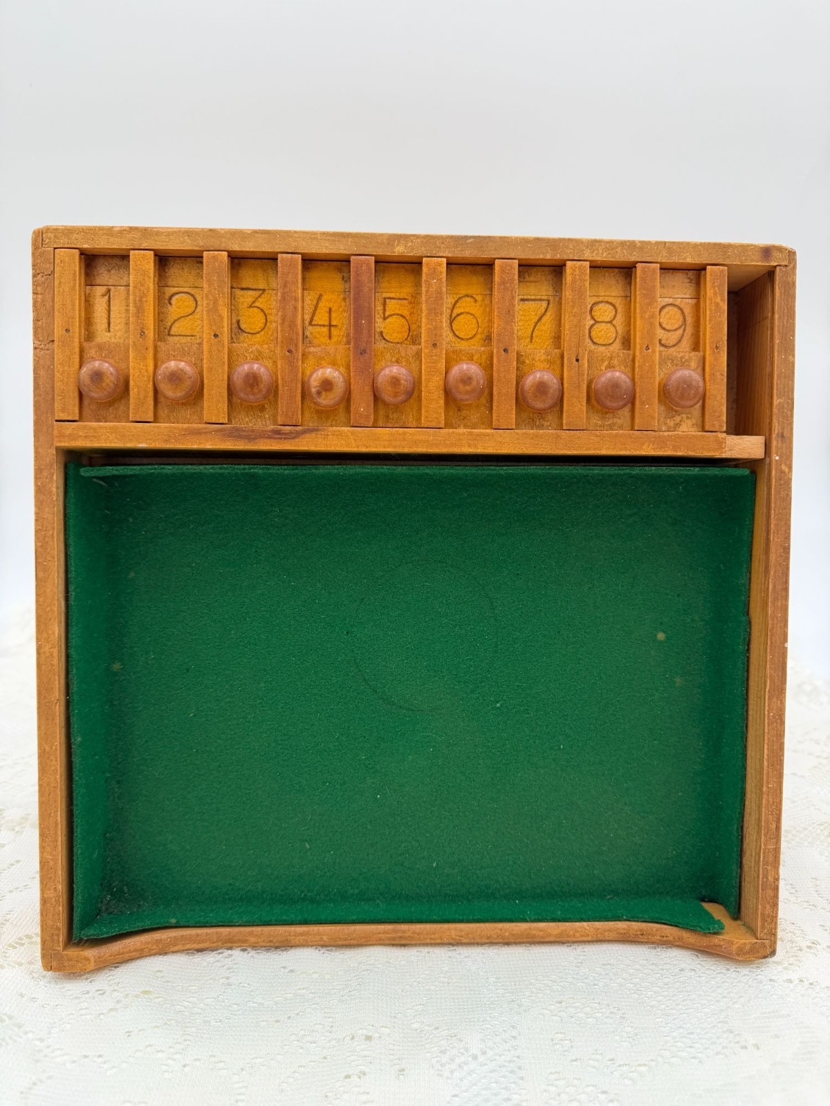 Vintage Shut The Box Wooden Game Felt Surface & Bemis Manufacturing Co. Label