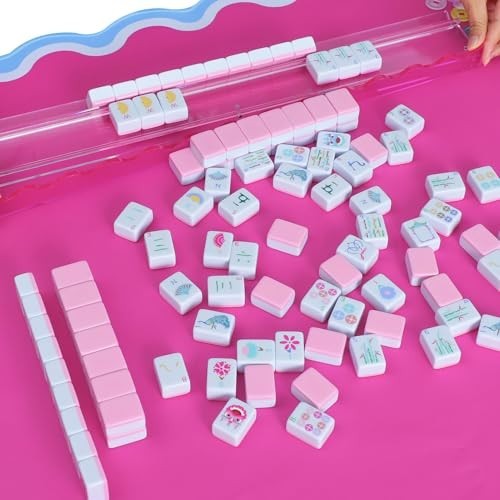 160 Pink Mahjong Game Set with Carrying Bag & Accessories – 1.2’’ Tiles, Fun Gam
