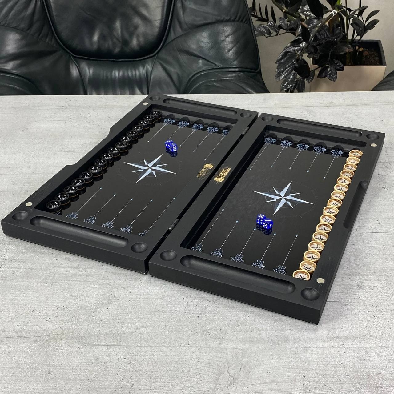 Glass & Wood Backgammon Set with Compass Design, Custom Board Game, 20×10 in