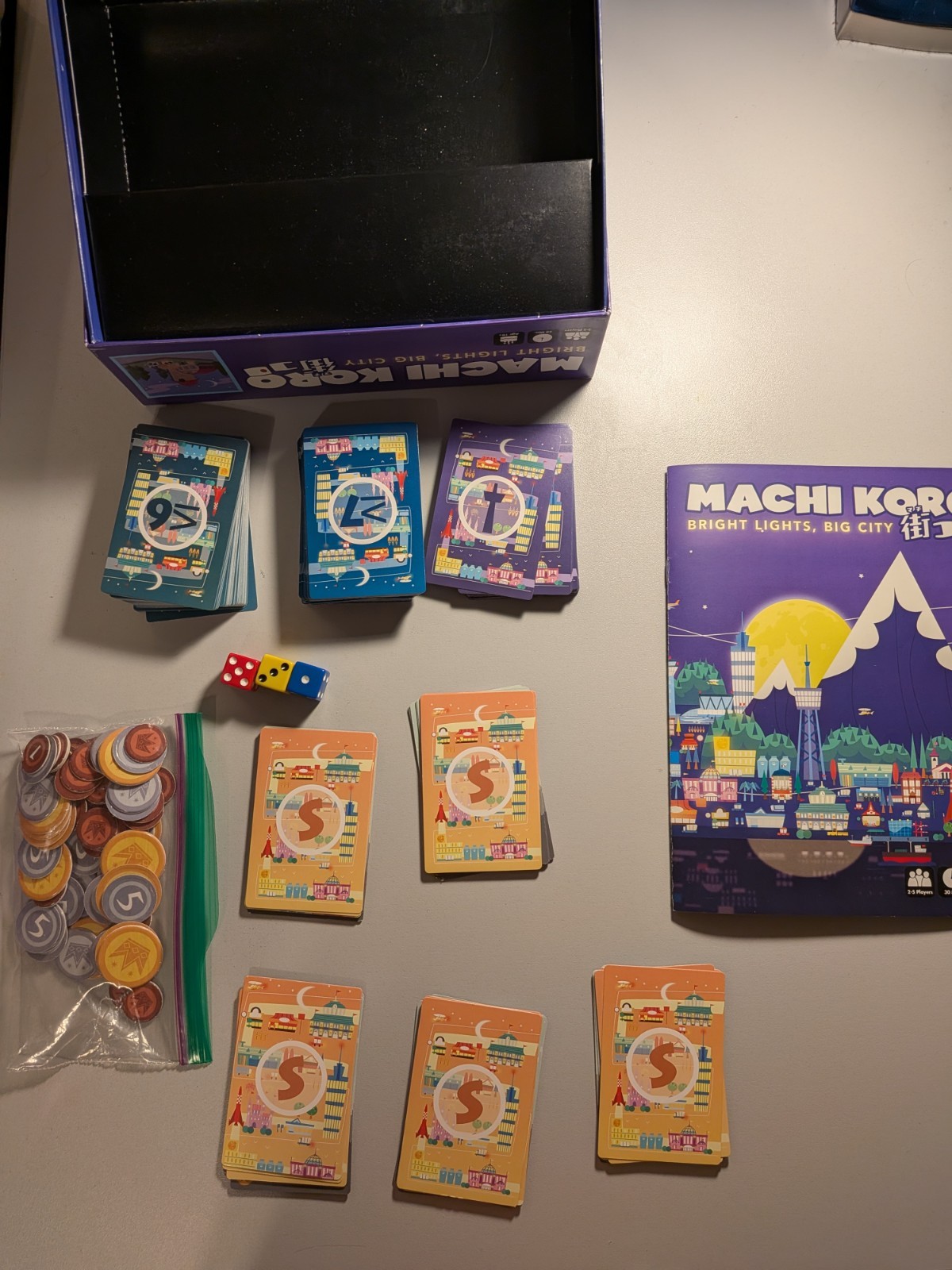 Machi Koro Bright Lights Big City Board Game Open Box