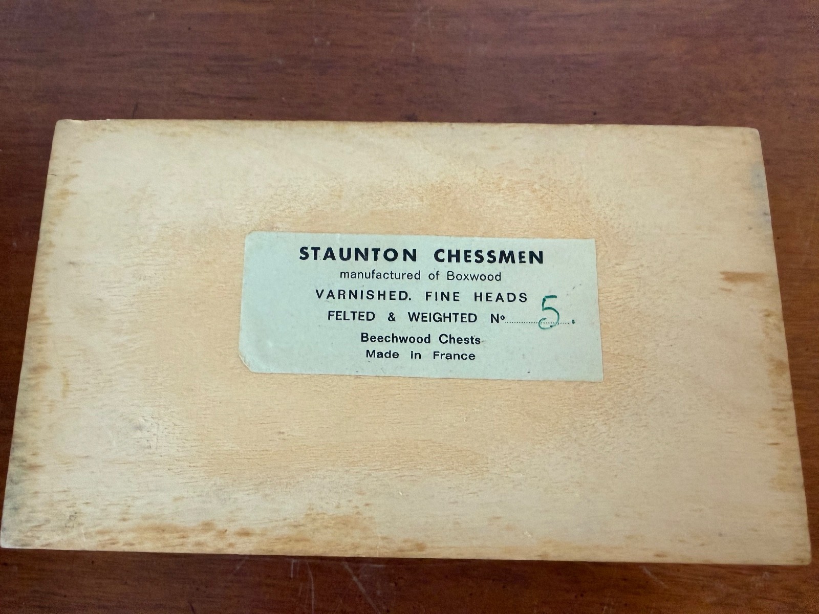 Staunton Chessmen, Varnished Boxwood, 3.5″ King, Weighted, Felted, France w/box