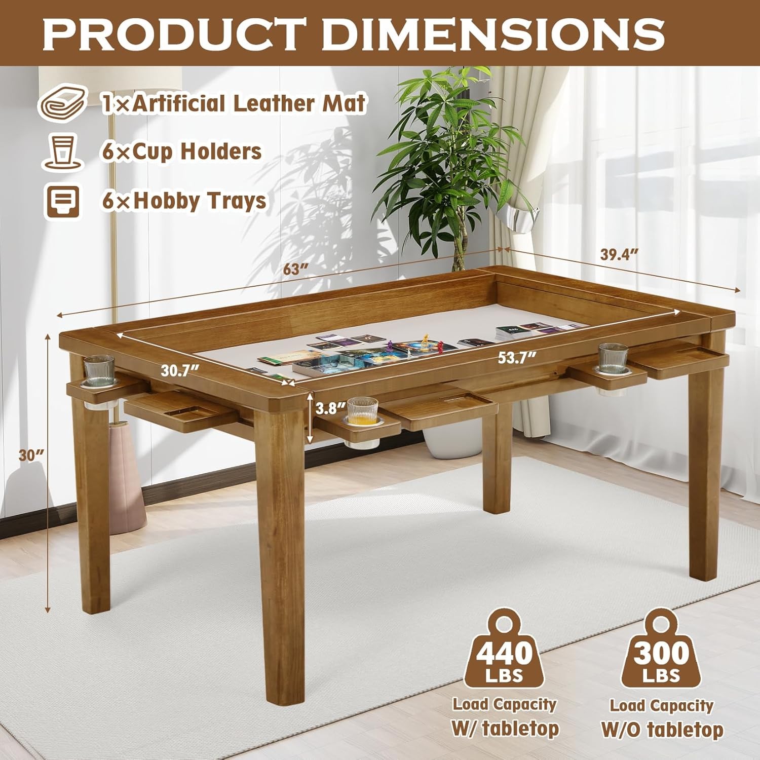 63″ ×39“ Board Game Table W/ Removable Top Solid Wood Dining/Gaming Table