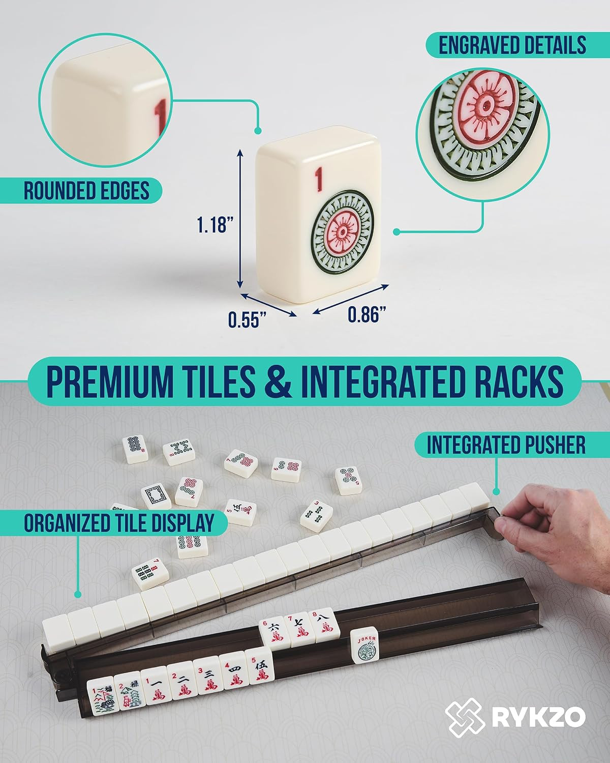 American Mahjong Set with 166 Engraved Tiles, Racks with Integrated Pushers, Til