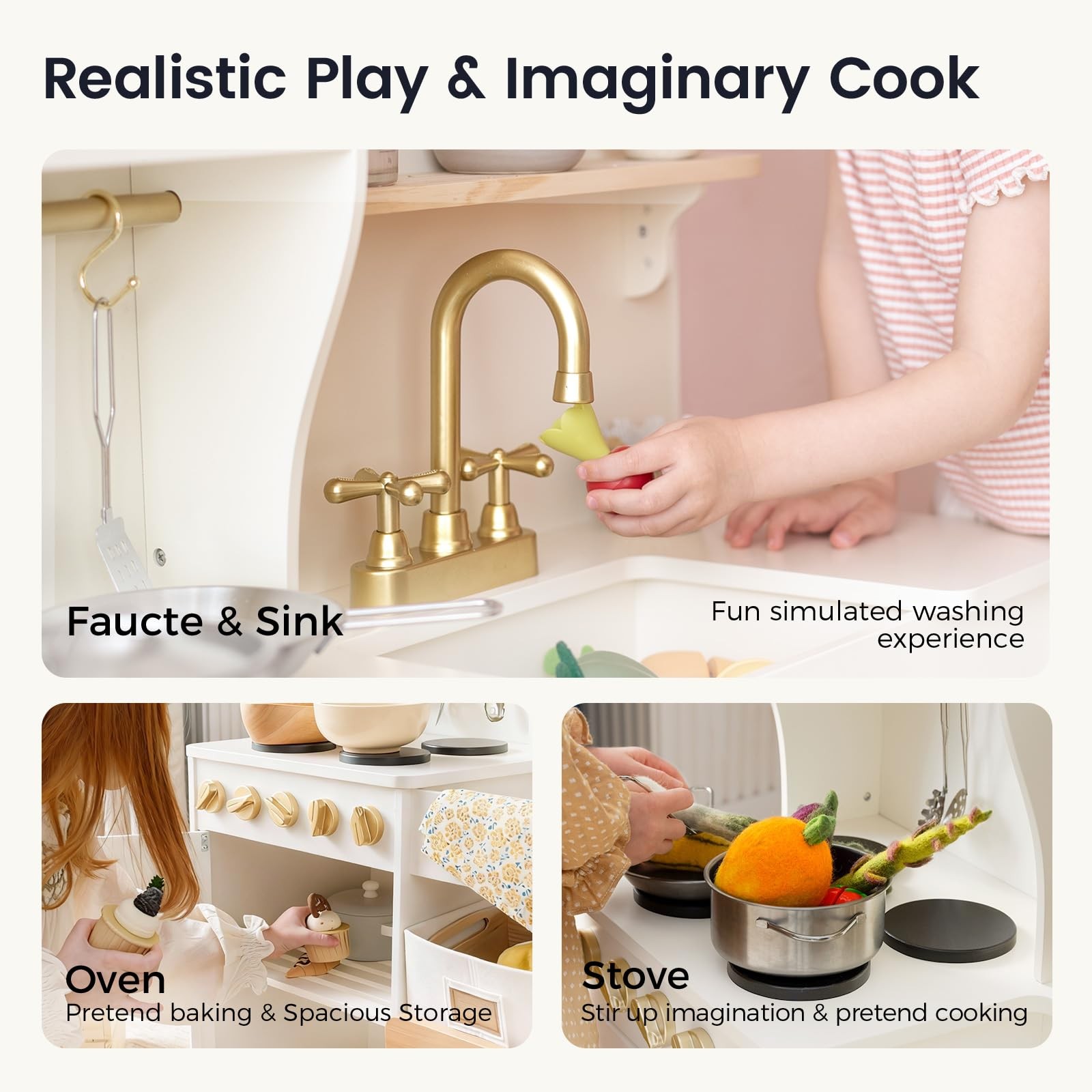 Wooden Play Kitchen Kids Toddler Stove Sink Cabinets Storage Tiny Land Enhanced