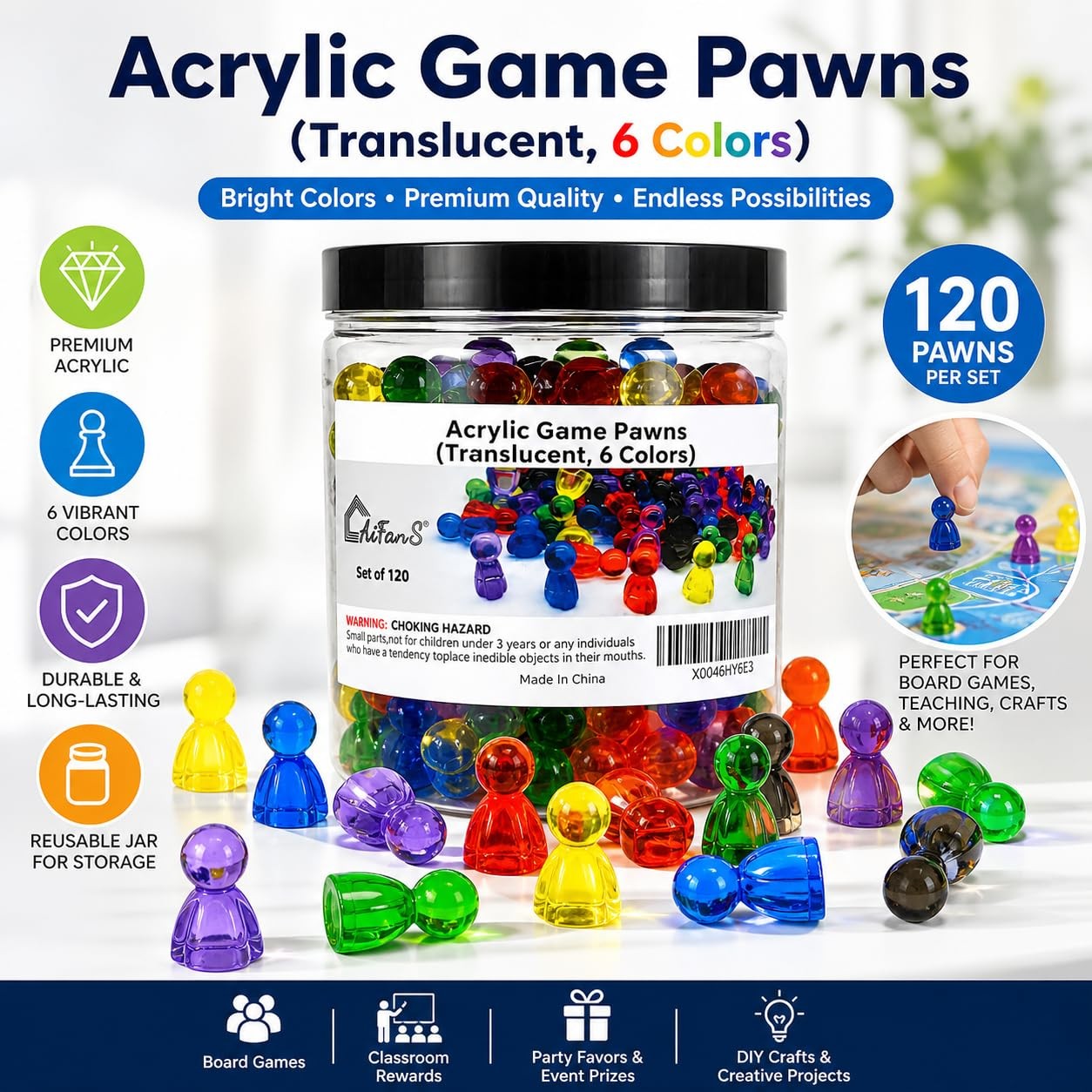 Game Pawns,120 Pieces,6 Colors,Translucent Game Pieces