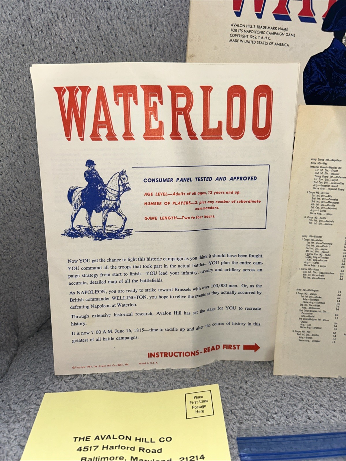 Waterloo Board Game Avalon Hill 1962 Campaign War Game Punched Napoleon PUNCHED