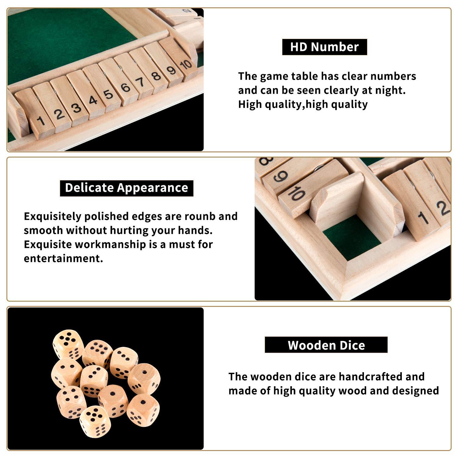 1-4 Players Shut The Box Dice GameClassic 4 Sided Wooden Board Game with 10 D…