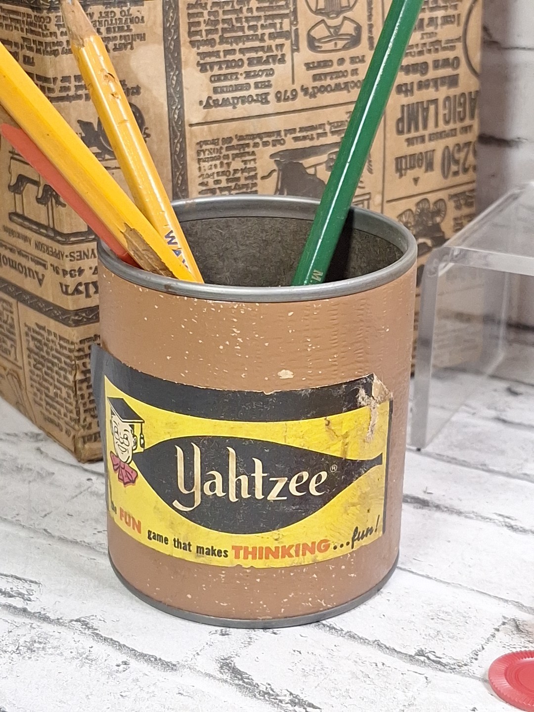 Vintage 1960’s Yahtzee Game Includes Dice Cup Chips Score Cards & Instructions