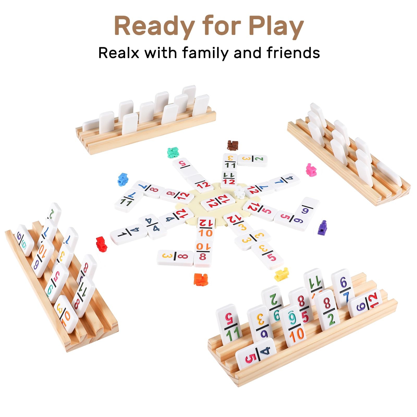 Mexican Train Dominoes Set with Numbers and 4 Wooden Trays/Racks, Double 12 Domi