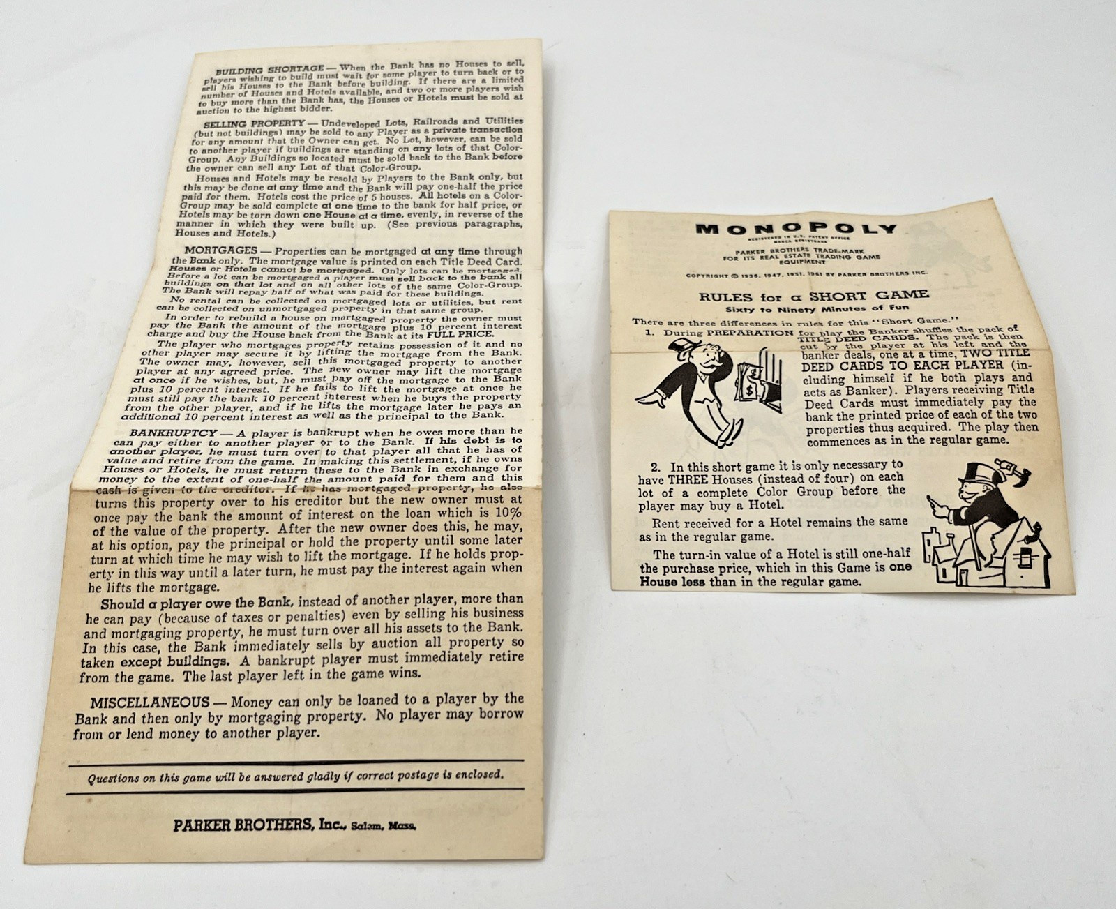 Monopoly Game Instructions Rules Replacement Regular and Short Games 1961