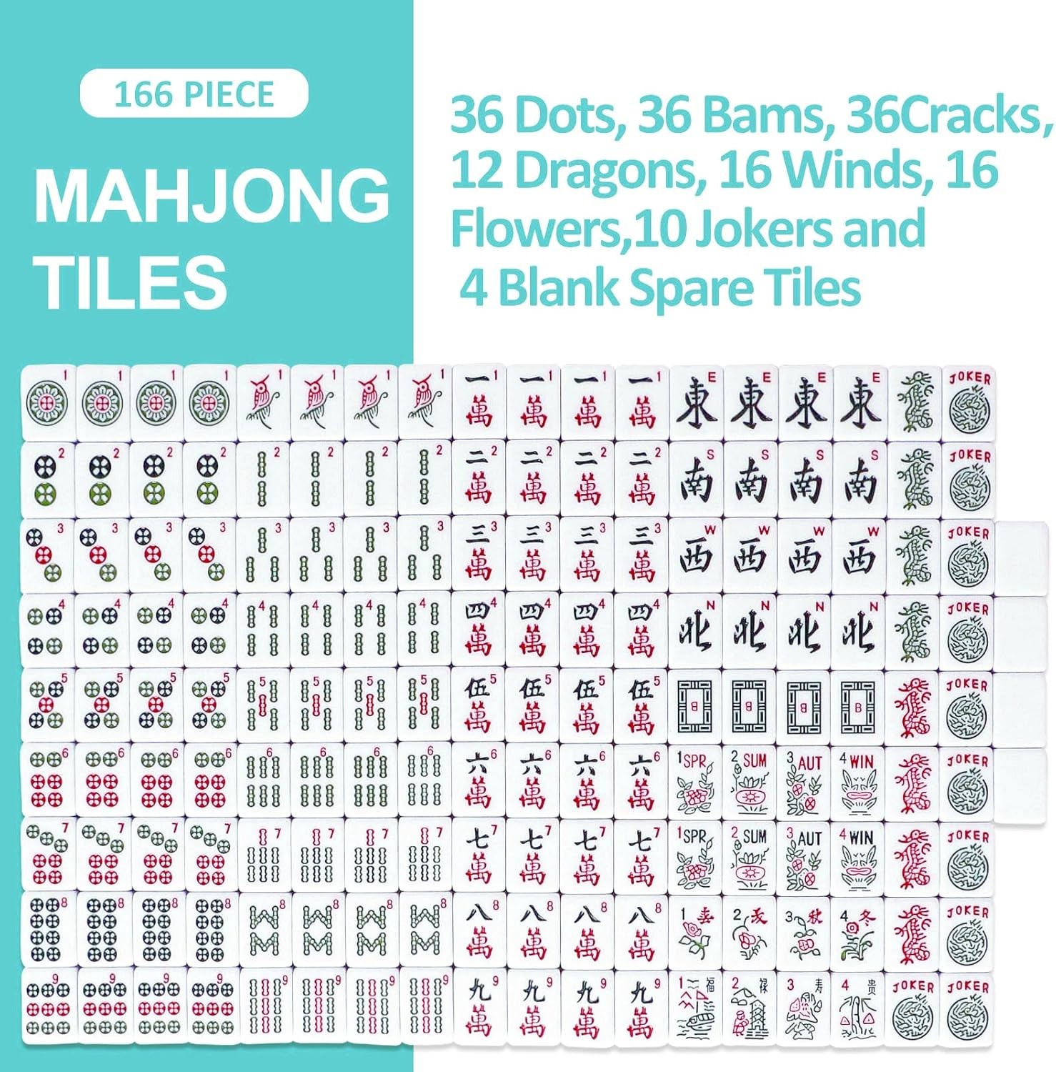 American Mahjong Game Set, 166 Light Green Tiles, Blue Bag with Entire Accessori