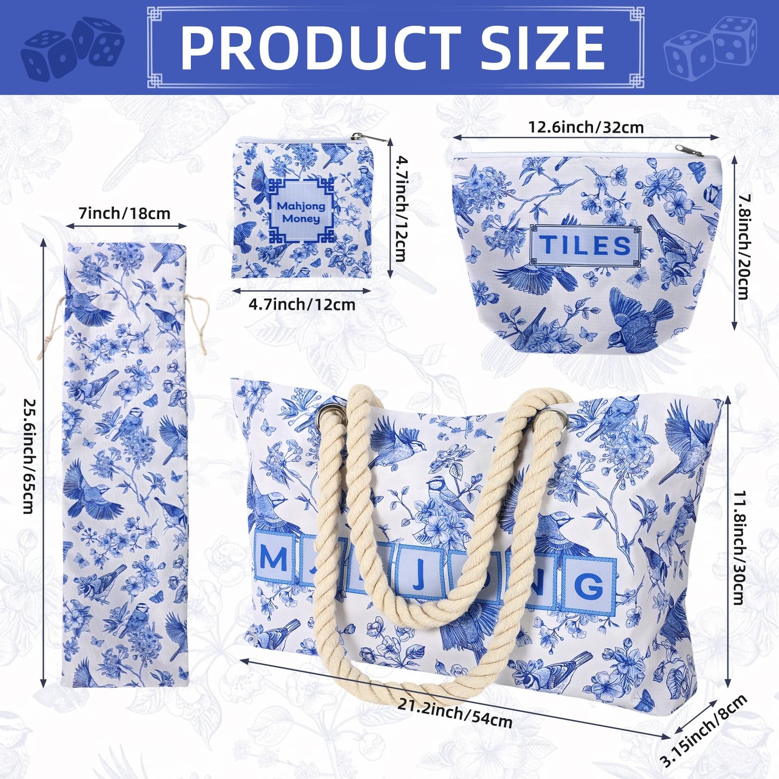 4 Pcs Empty Mahjong Bags Set Mahjong Tile Bag with Handle Thickened Blue Prin…