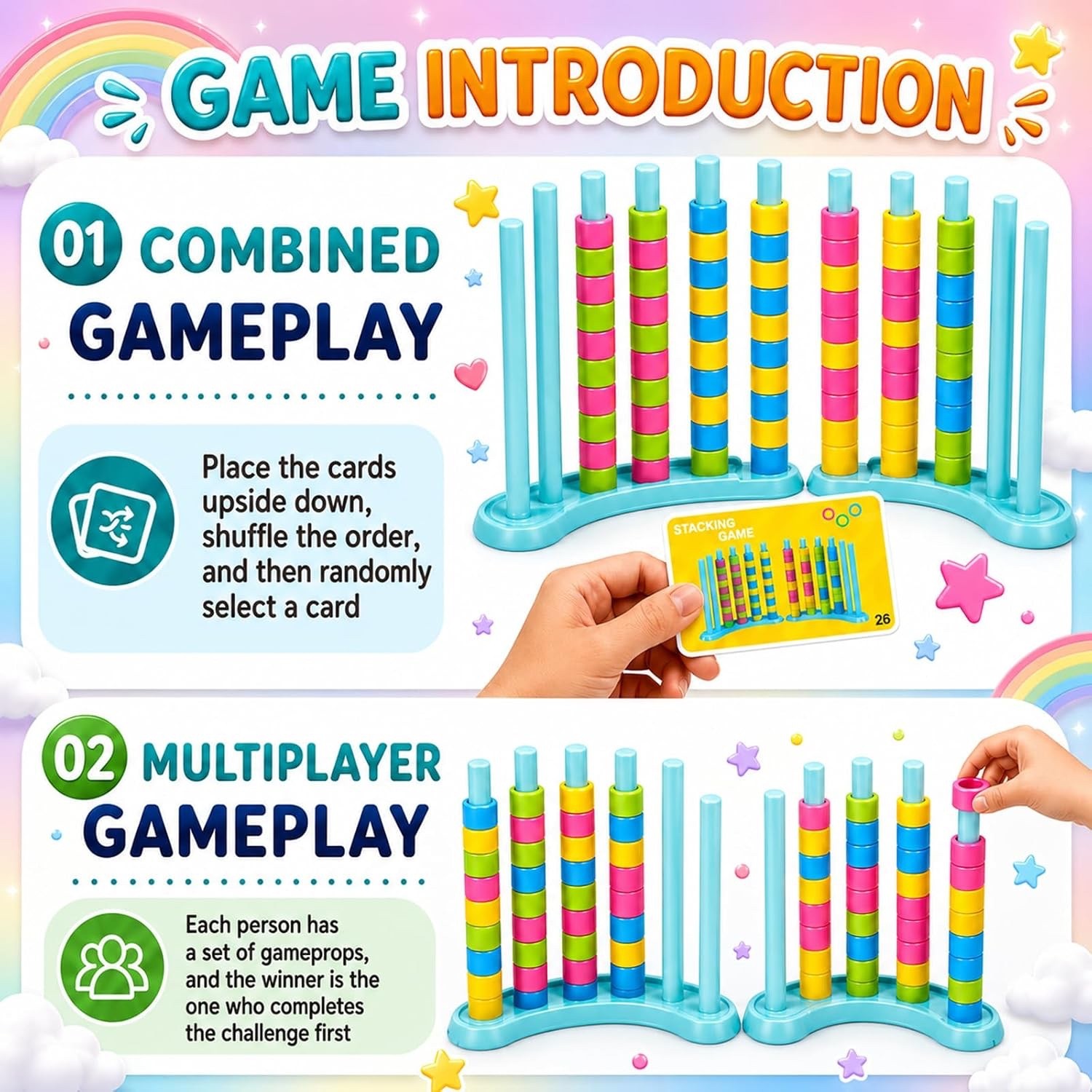 2 Pack Color Stack Challenge Game – Stacking Board Game Set with 2-4 Players Kid