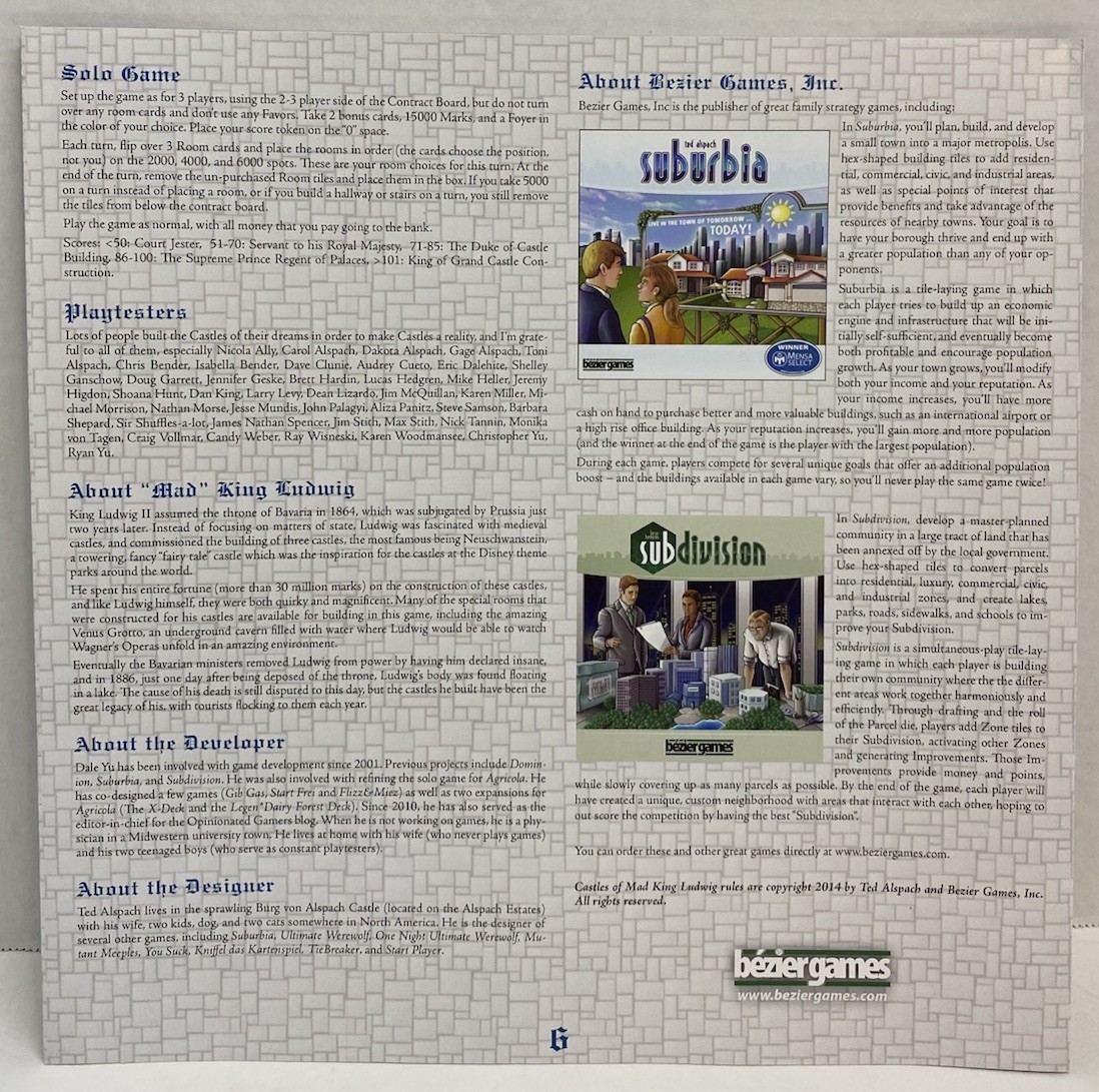 Ted Alspach Castles Of Mad King Ludwig, Bezier Games 2015 New/Open Box Condtion