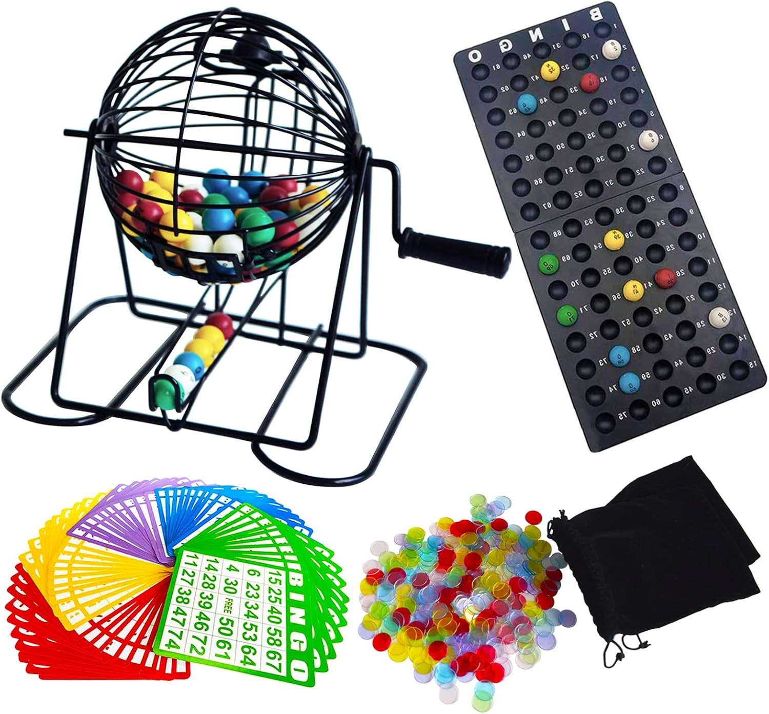 Deluxe Bingo Game Set – Metal round Cage, 75 Colored Balls, 50 Bingo Cards, 300