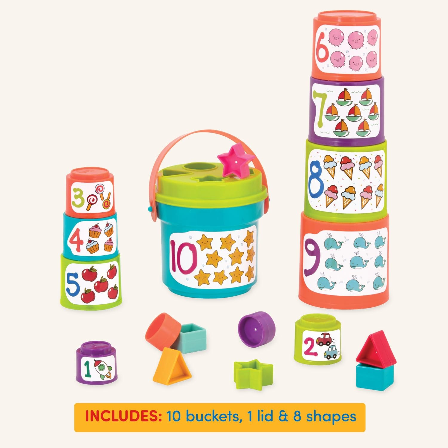 Nesting Sorter Set 19 Pieces Stacking Buckets Shapes Educational Battat Cups