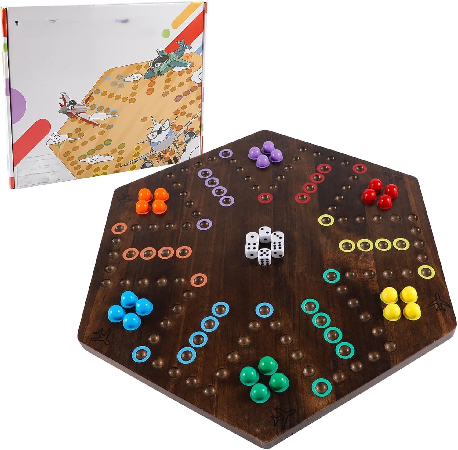 NEW 20in Wood Wahoo Marble Board Game 2 Sided 4-6 Player Rustic Brown 6Dice
