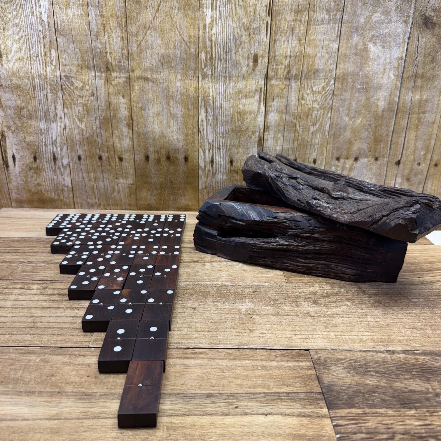 VTG Wood Hand Made Ironwood Dominos Set of 28 Tiles Rustic Log Case Complete