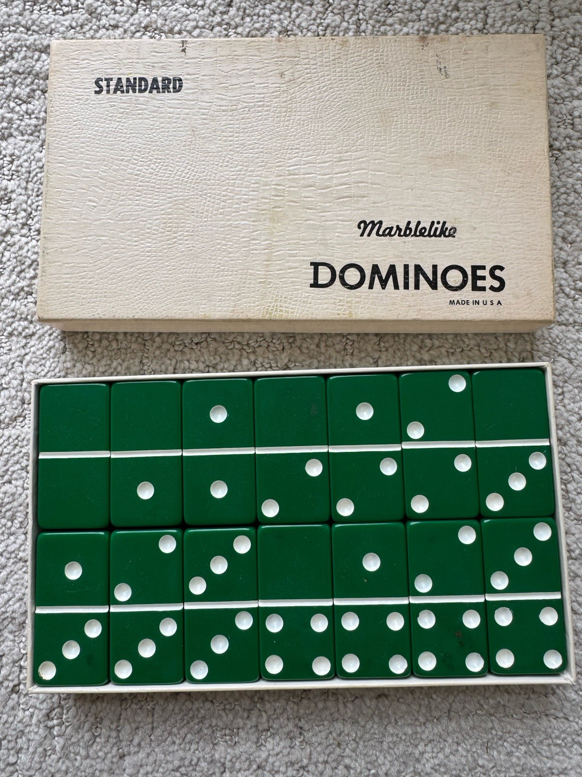 Vintage Puremco Marblelike Dominoes #616 Kelly Green Standard Domino Set In Box