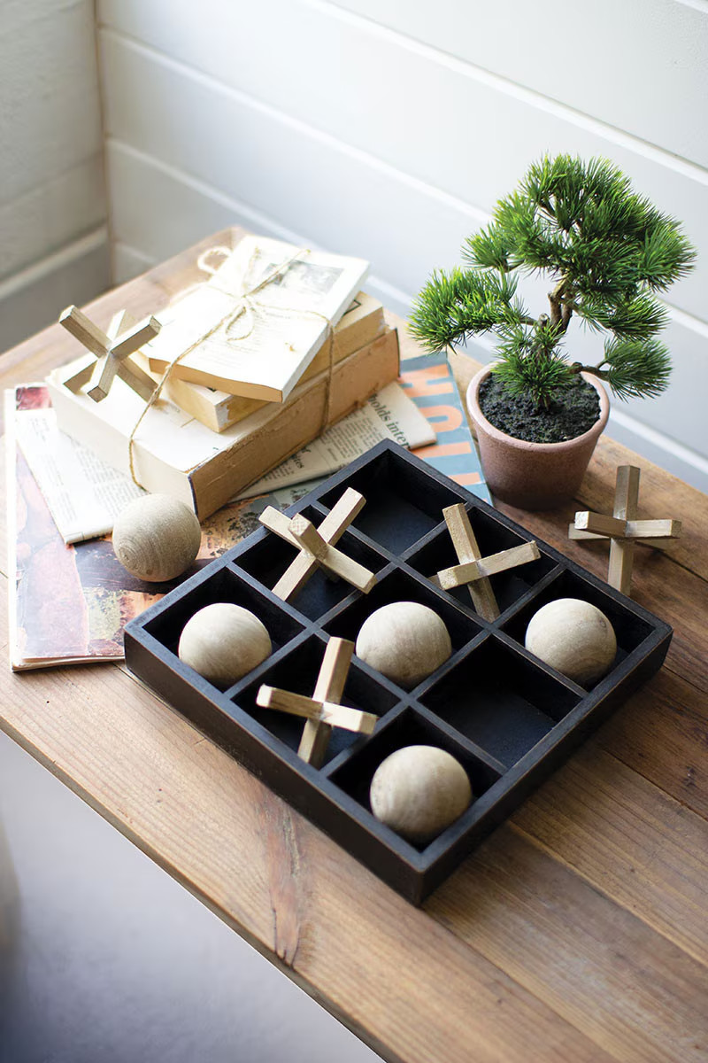 Natural & Black Wooden Tic-Tac-Toe Set Classic Go-To Game Enhances Your Space