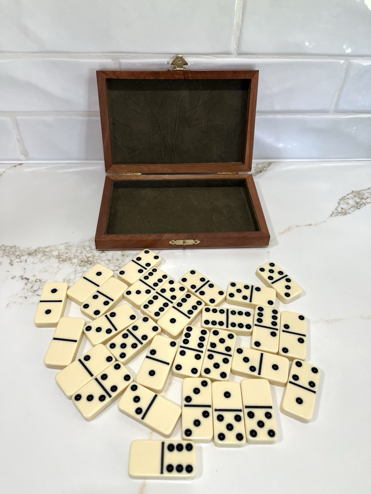 Vintage Double Dix Dominoes-28 Ivory Tiles in Original Wooden Hinged Box