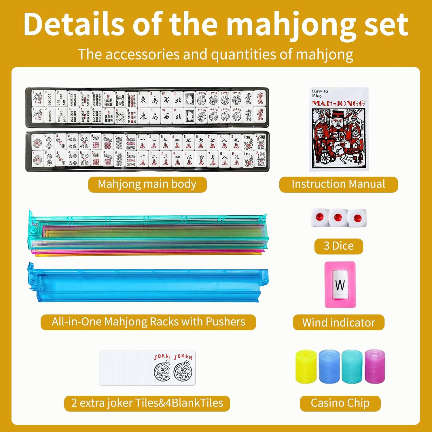 American Mahjong Tiles Set, 166 White Tiles, 4 Color Racks & Pushers, Complete W