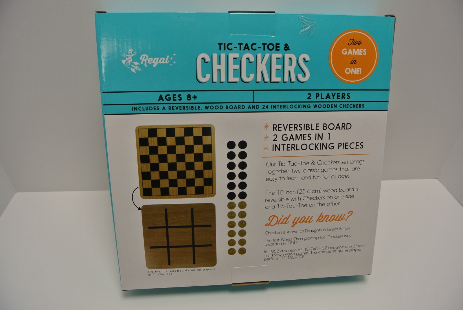 Regal TIC-TAC-TOE & CHECKERS 10″ Reversible Wood Board Game NEW FACTORY SEALED
