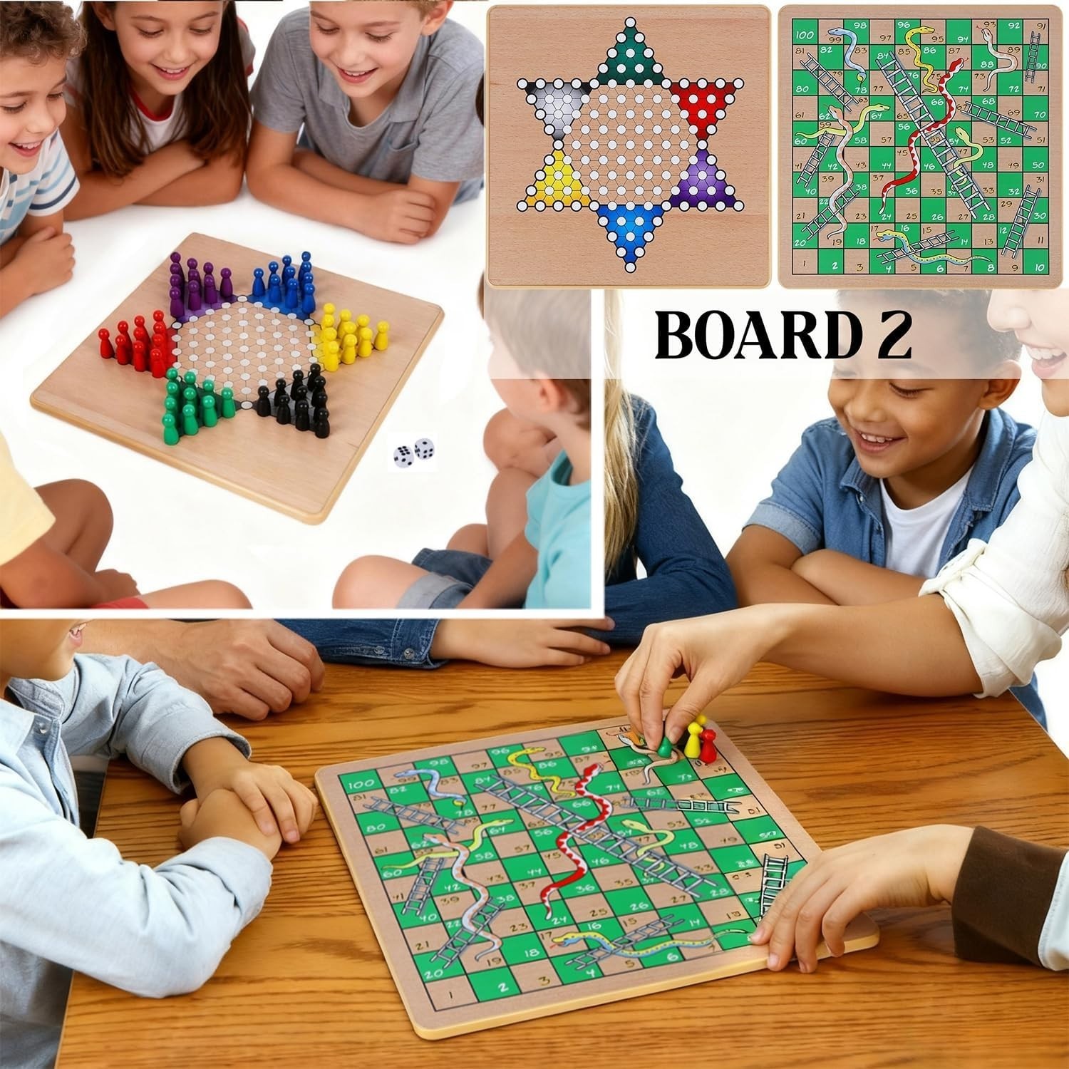 5-in-1 Wooden Board Game with 2 Reversible Boards for Chess, Checkers, Chines…