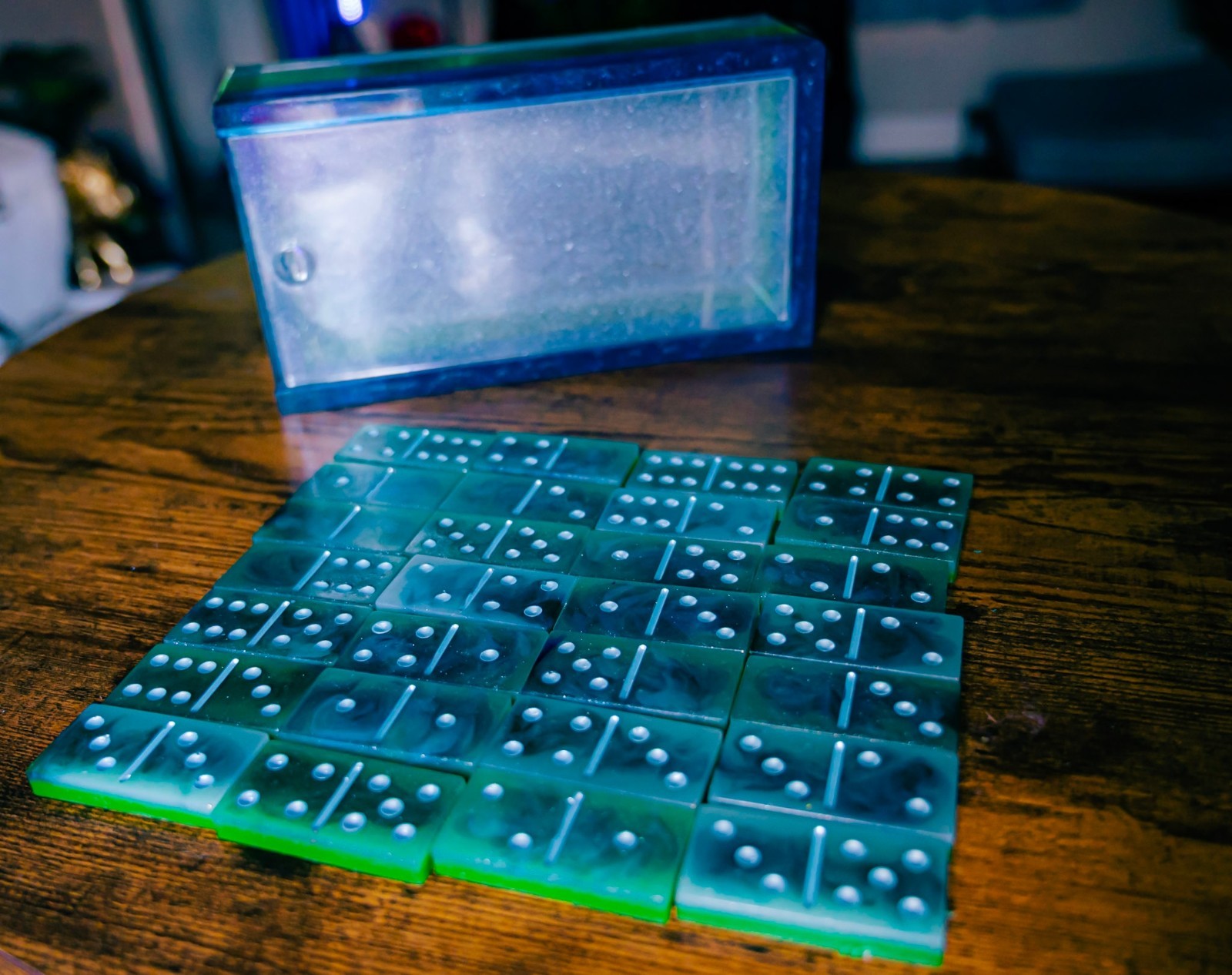 Handmade Resin Domino Set with Matching Storage Box Blue Green Swirl