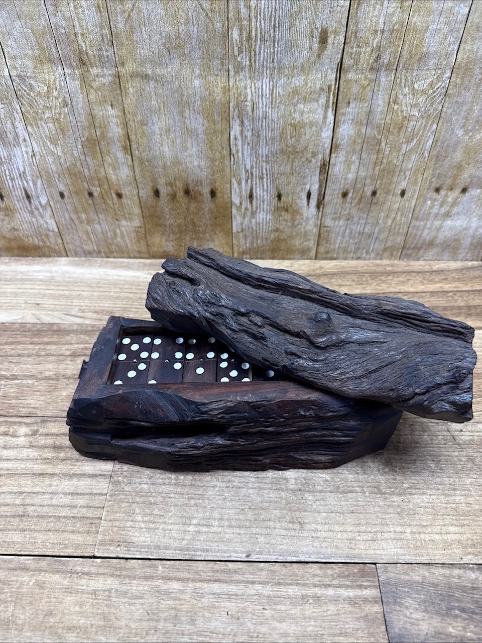 VTG Wood Hand Made Ironwood Dominos Set of 28 Tiles Rustic Log Case Complete