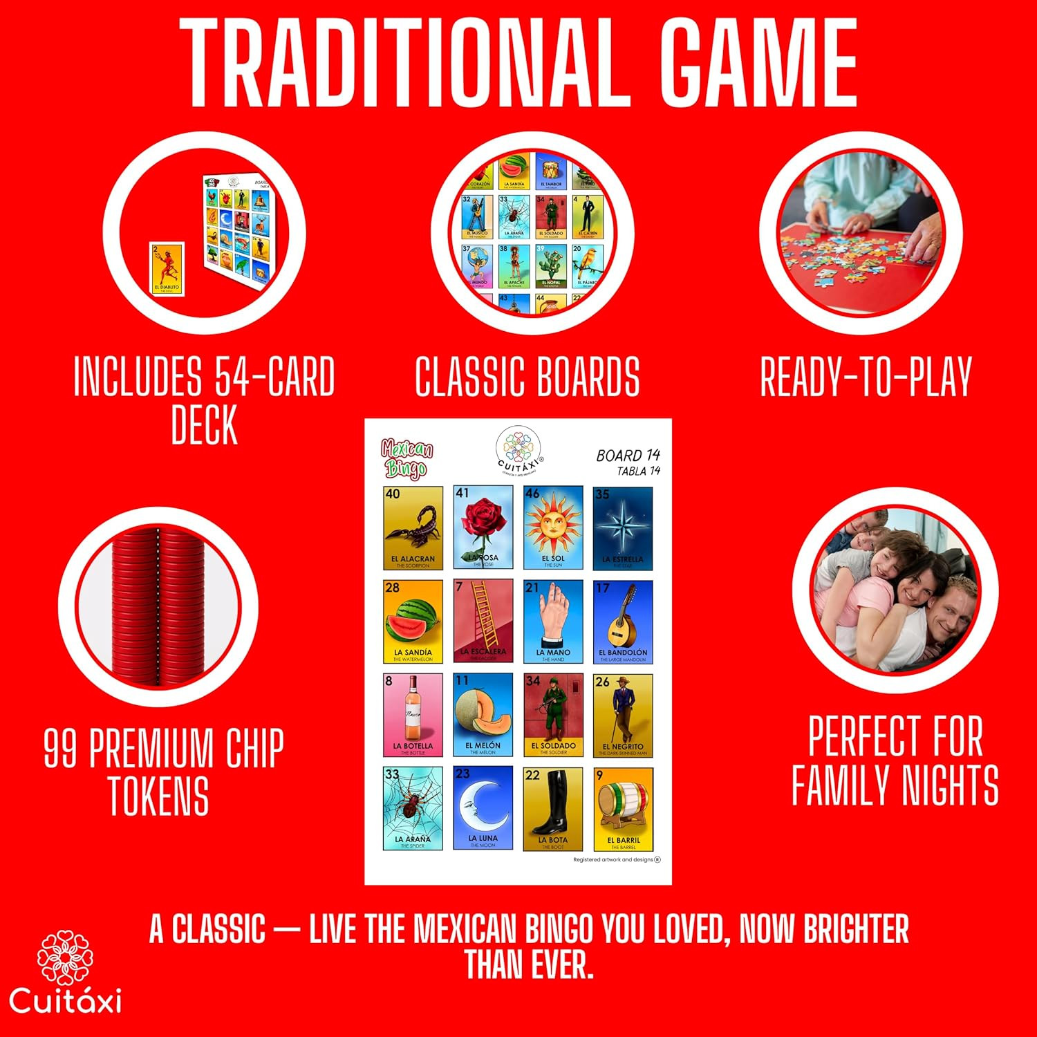 Traditional Mexican Bingo Game for 20 Players with Didactic Mexican pesos and Ma