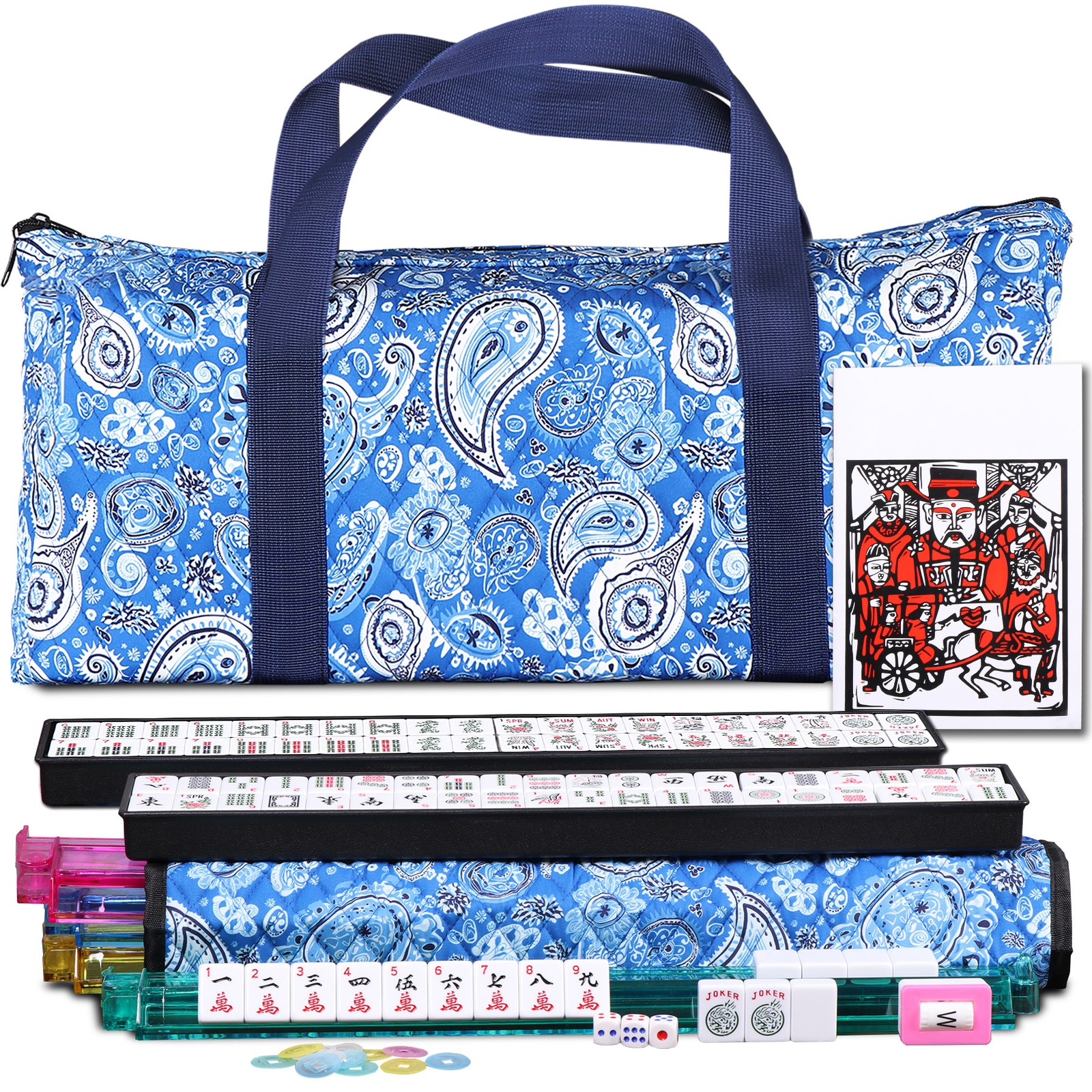 American Mahjong Set 166 Tiles 4 All-in-One Rack/Pushers with Blue Bag Full Size