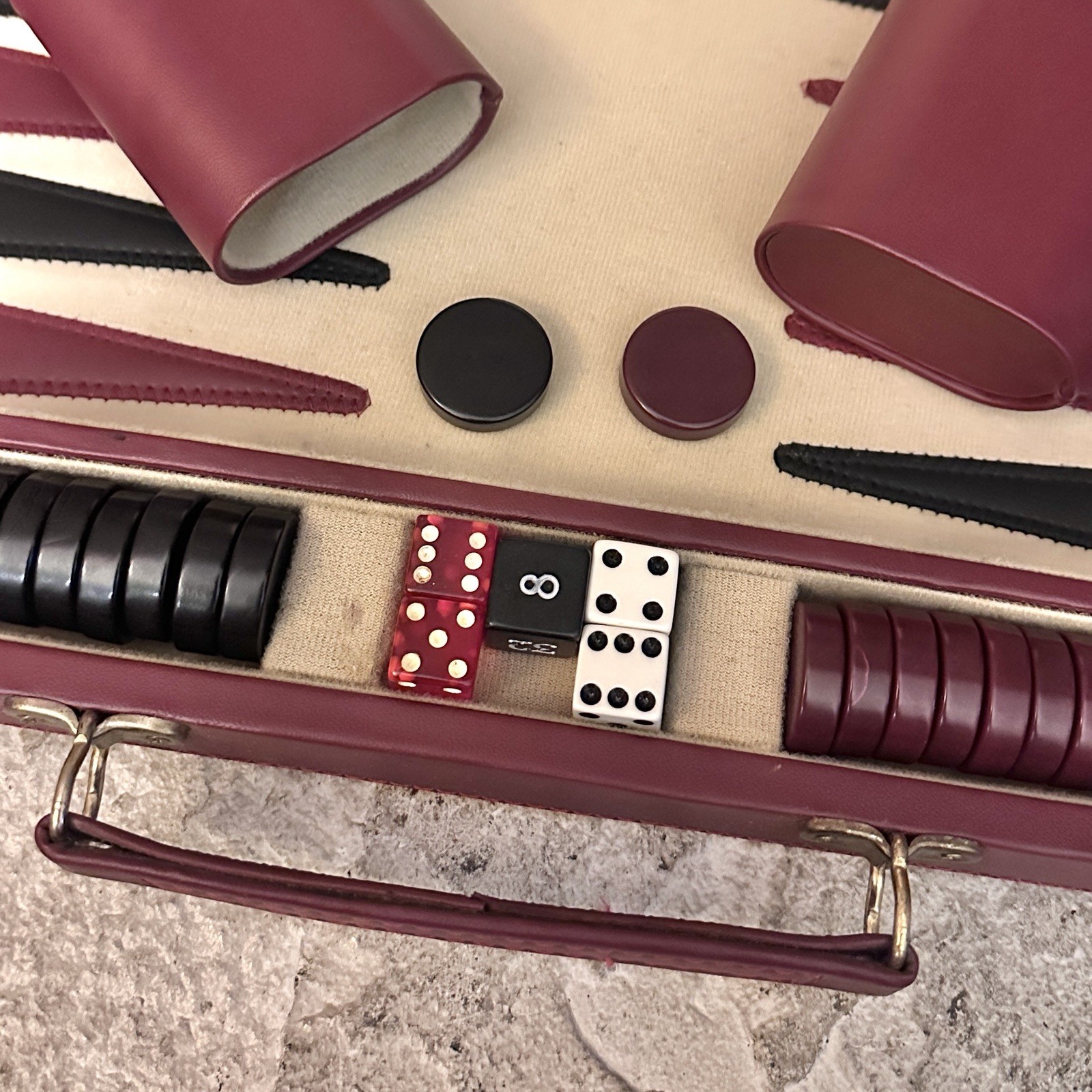 Vintage Backgammon Complete Set Black Crimson-Red Chips 20×15” Folding Board