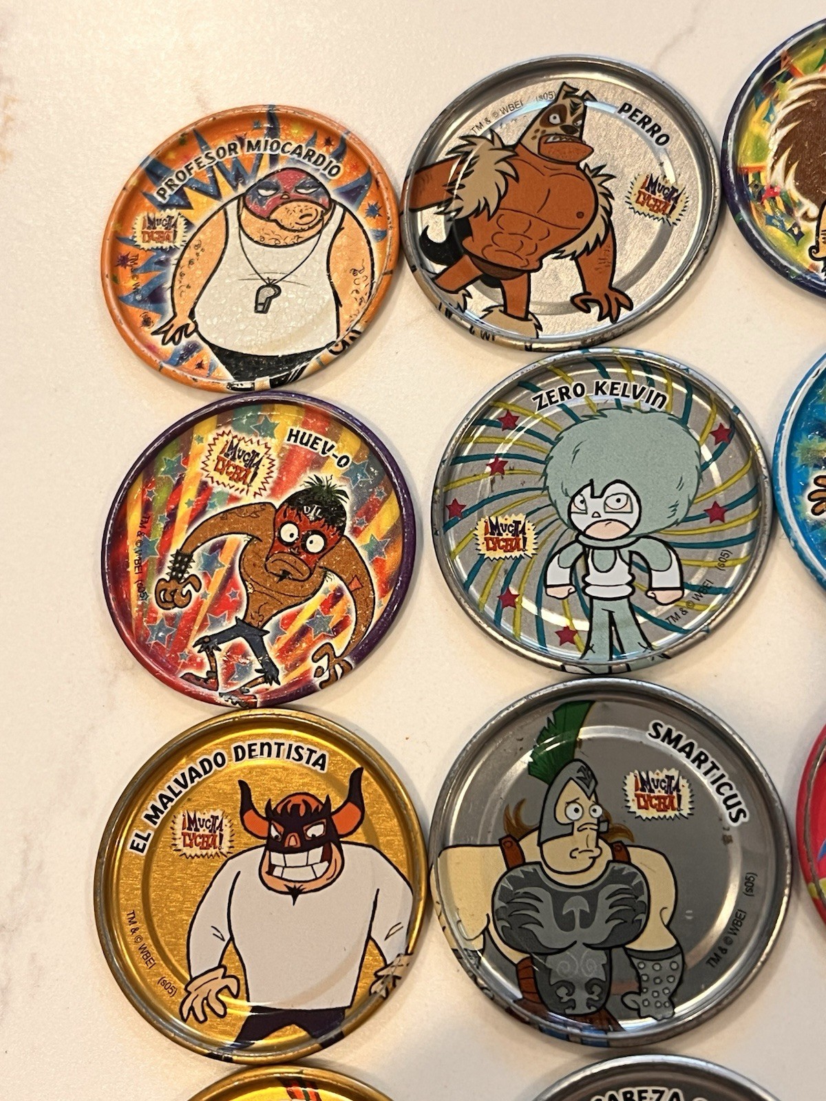 Lot 15 Vintage ¡MUCHA LUCHA! Metalix Tazos Metal Pogs Perro Kelvin Cabeza Rare