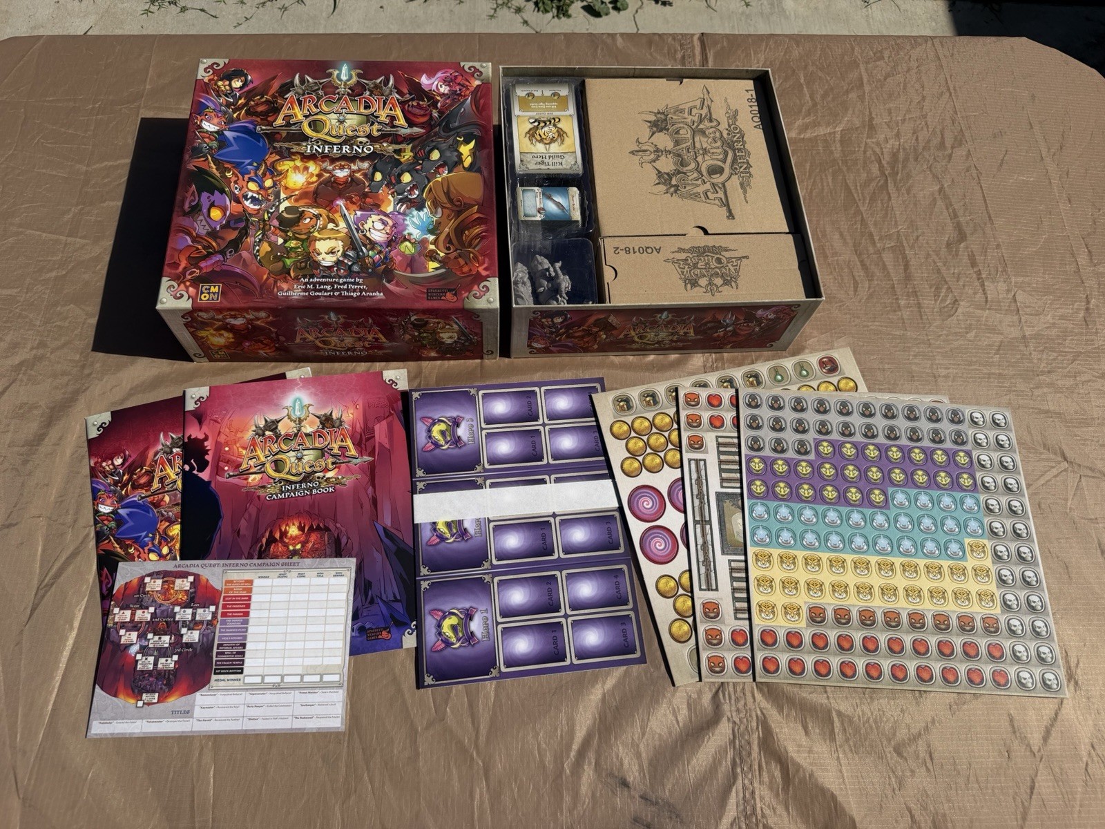 CMON Arcadia Quest Inferno Fantasy Board Game Lot w/ Expansion Pack, Miniatures