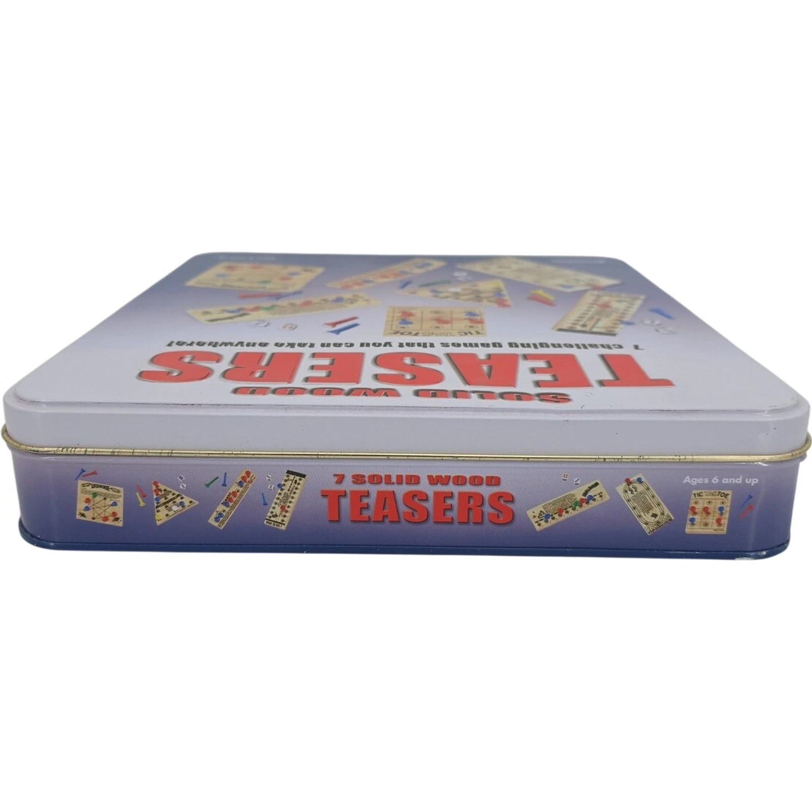 Pressman Solid Wood Teasers 7 Travel Puzzle Games Set w/ Tin Box #1806