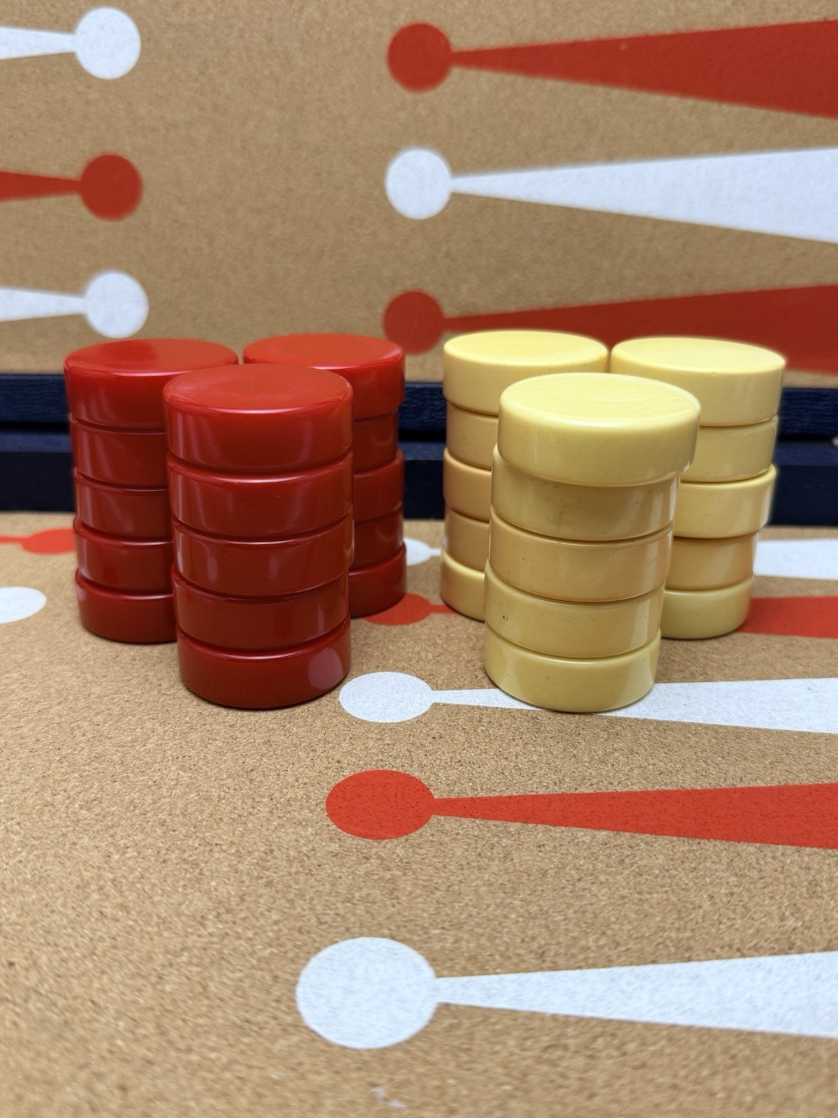 Crisloid Bakelite Backgammon Set 1.5” Checkers Red Yellow / Butterscotch Vintage