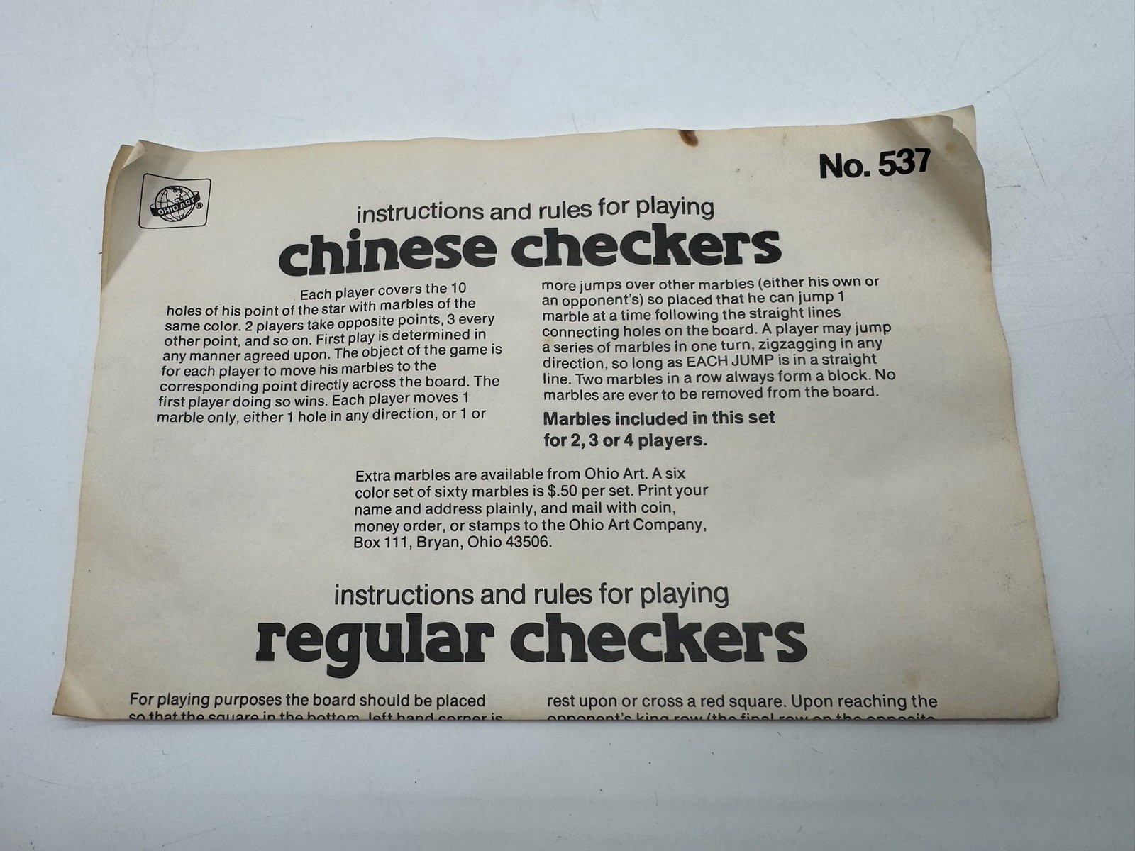 VINTAGE BOXED BOARD GAME CHINESE CHECKERS REGULAR CHECKERS OHIO ART 537 2 IN 1