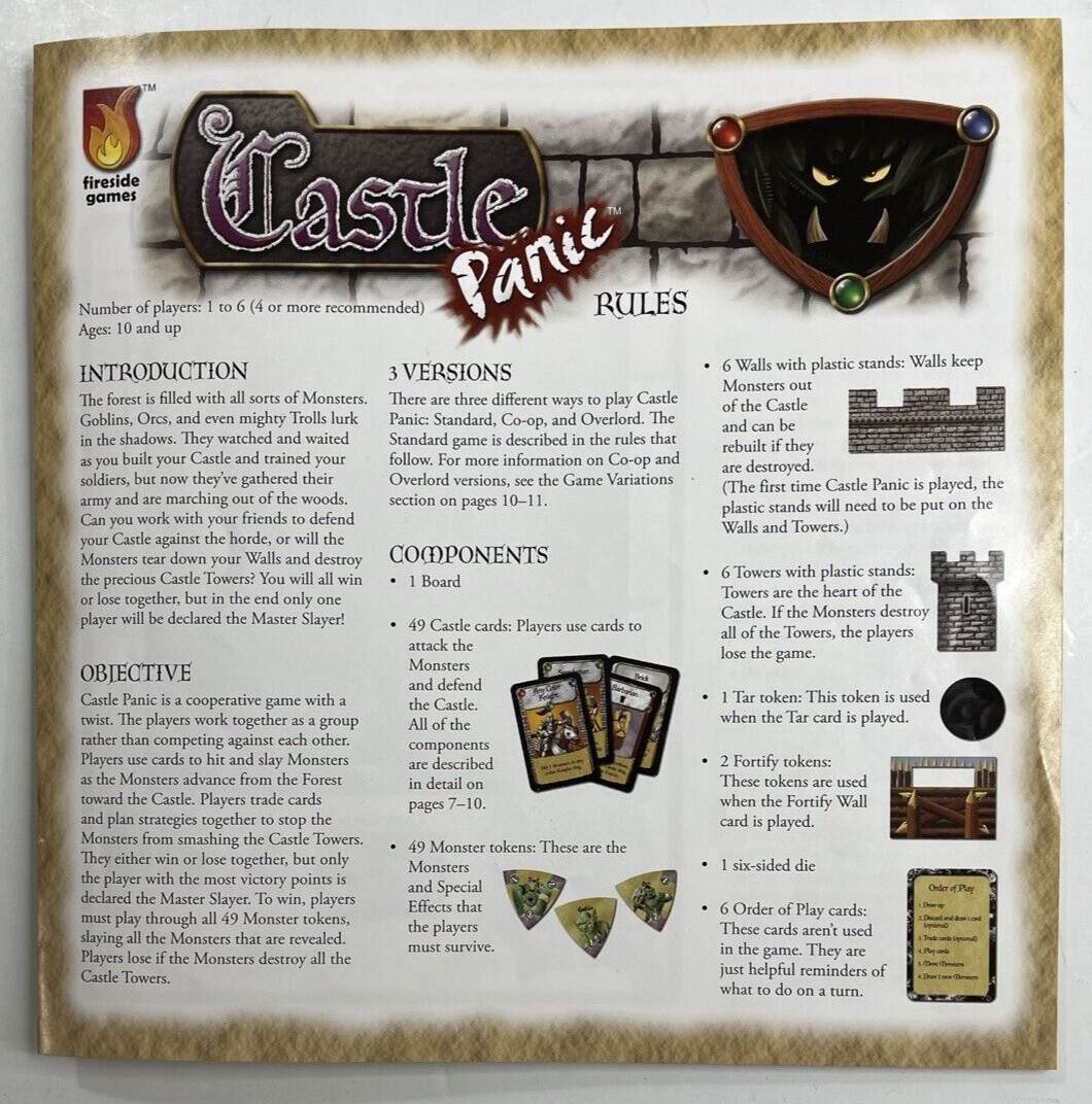 Castle Panic Board Game Fireside Games 2012, 1st Ed, Sixth Printing Complete
