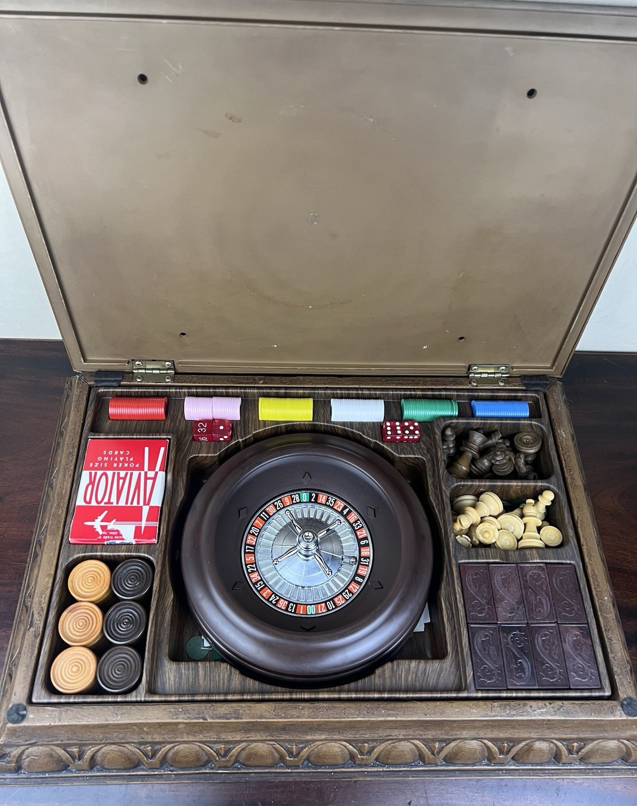 1970s Game Set w/ Box Chess Checkers Roulette Backgammon Dominoes Faux Wood