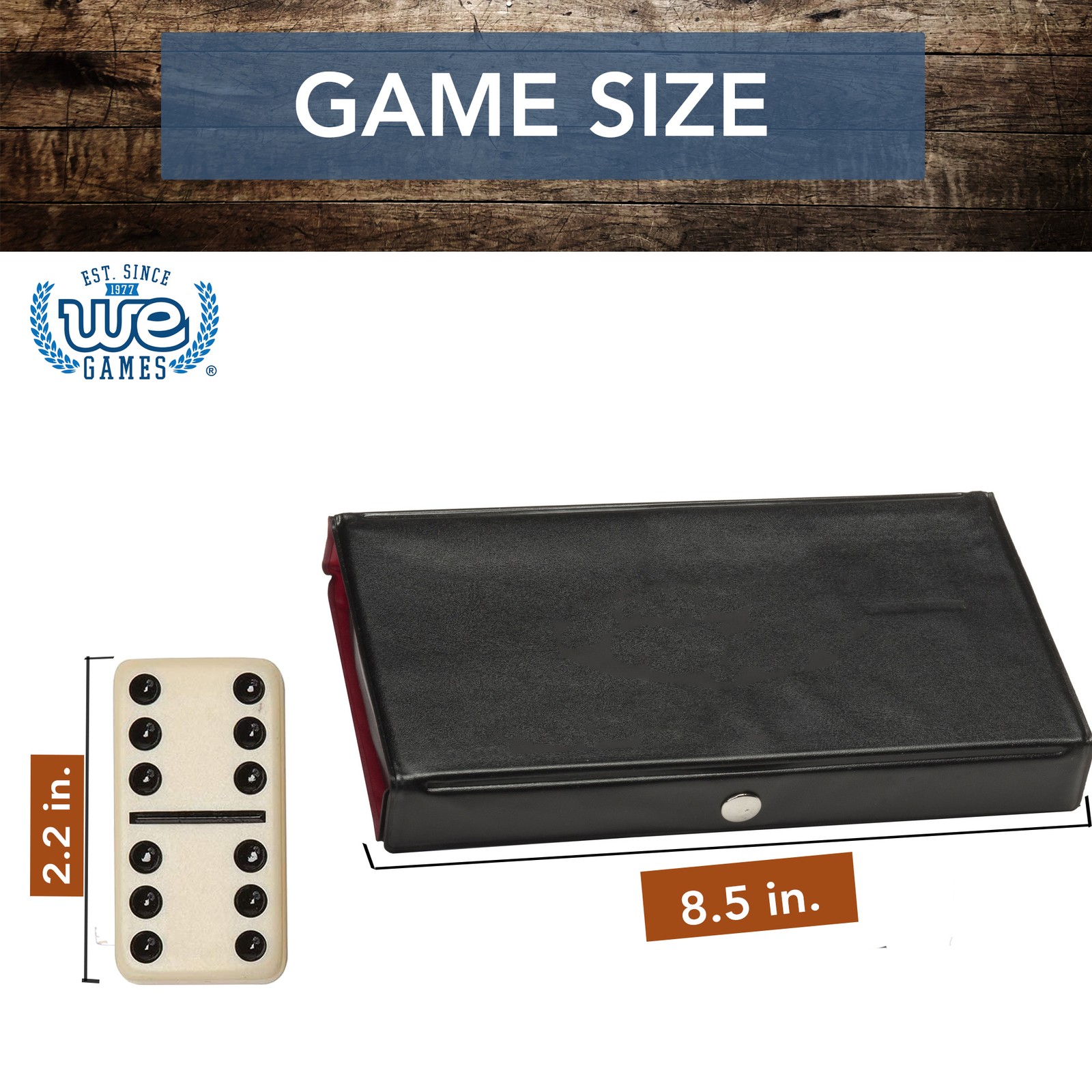 WE Games DOUBLE 6 Dominoes Ivory color tiles with black dots in black vinyl case
