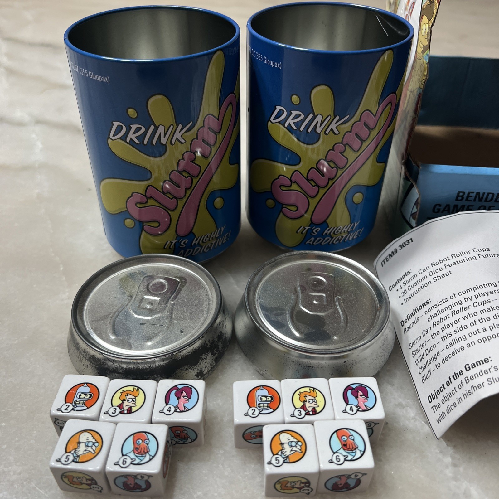 Bender’s Game Of Bluff Futurama Themed Liar’s Dice Collectable Metal Slurm Cans