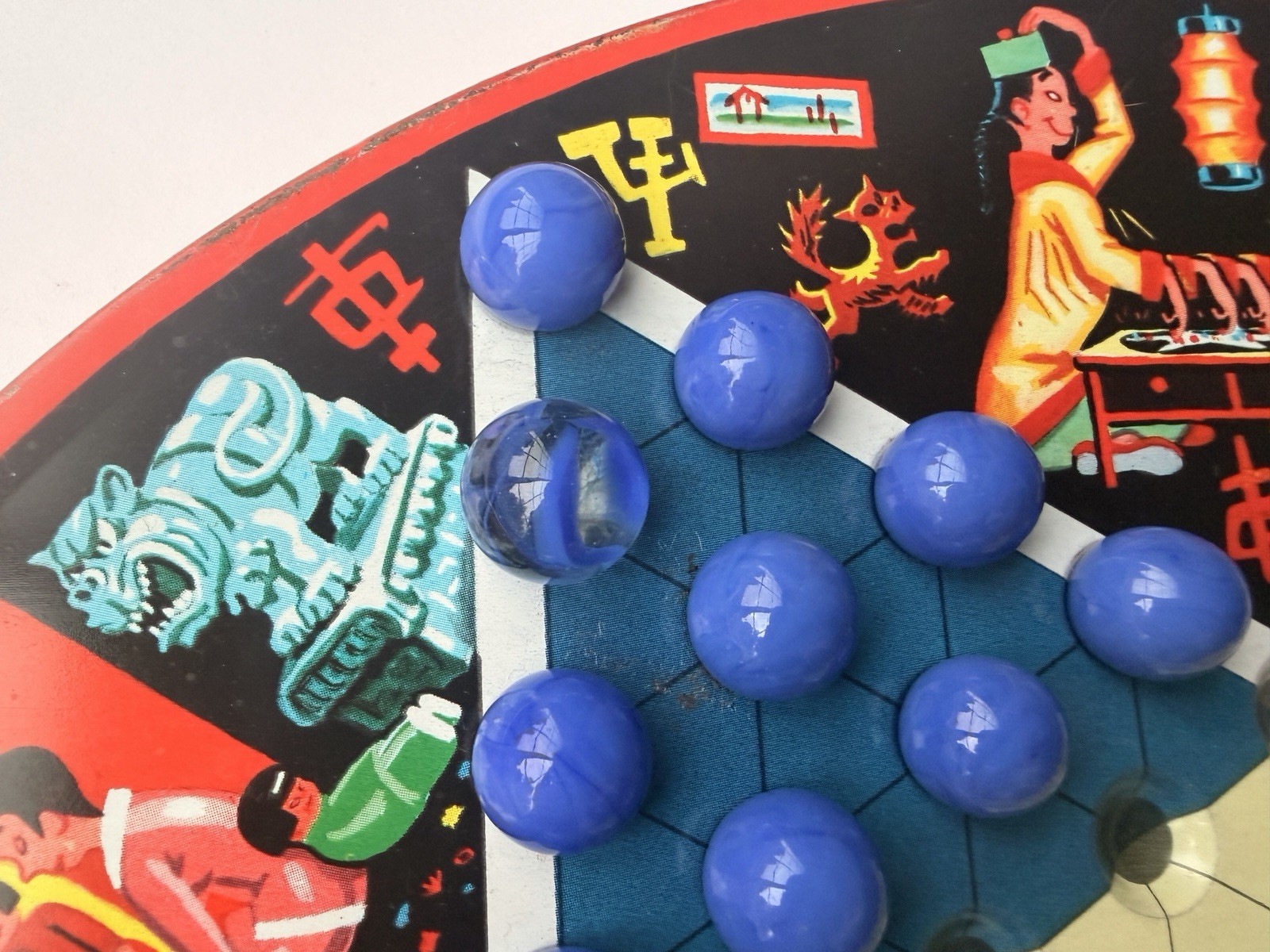 EARLY VTG STEVEN MFG. PIXIE GAME METAL CHINESE CHECKER BOARD TOP ONLY W/MARBLES