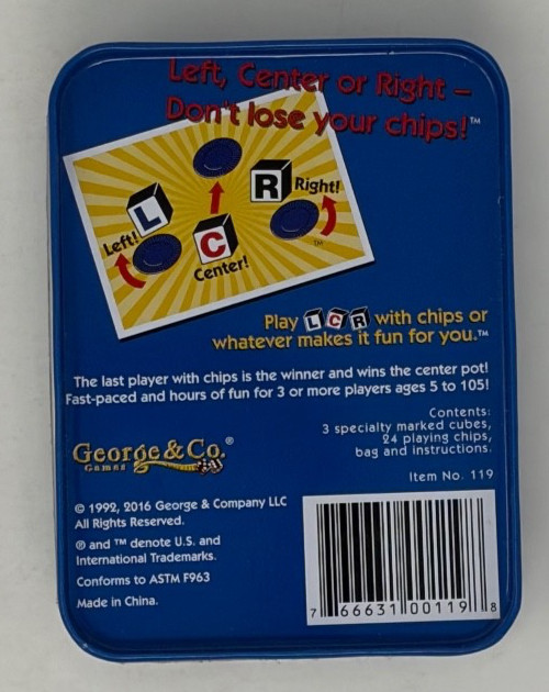 The Original LCR Left Center Right Dice Game Blue Tin
