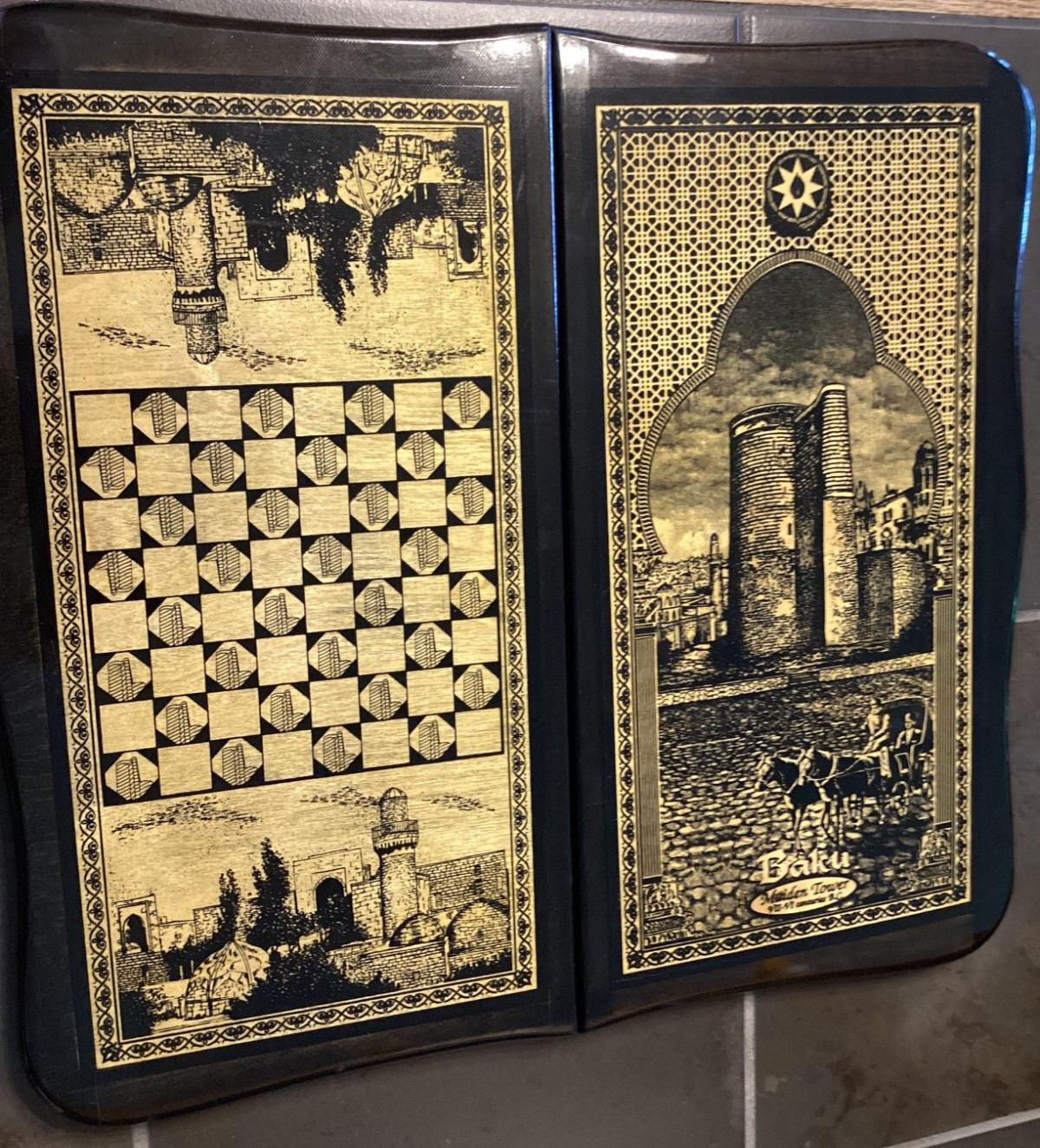 Vintage, handmade wooden Backgammon Set features maiden Tower in Baku Azerbaijan