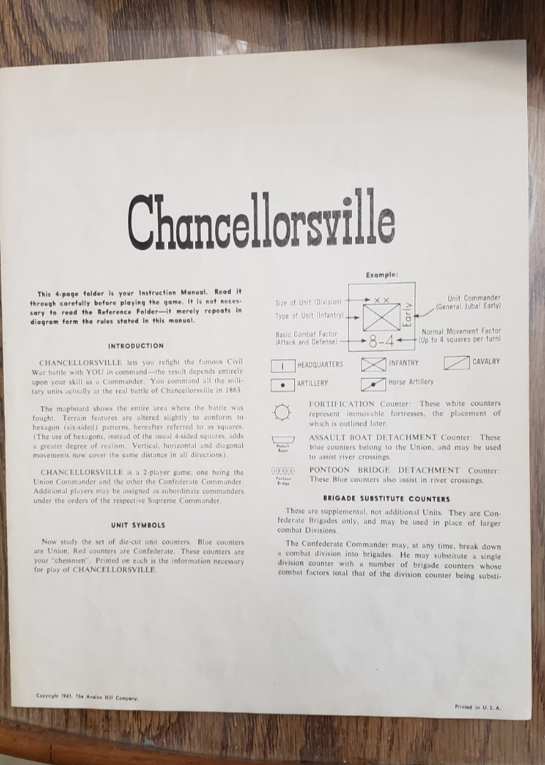 CHANCELLORSVILLE Civil War Battle Board Game, by Avalon Hill, 1961 1st Edition