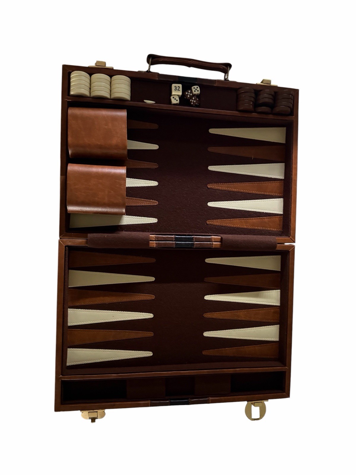 Vintage Backgammon Game Set Faux Leather Brown Case 15×10 Complete Travel