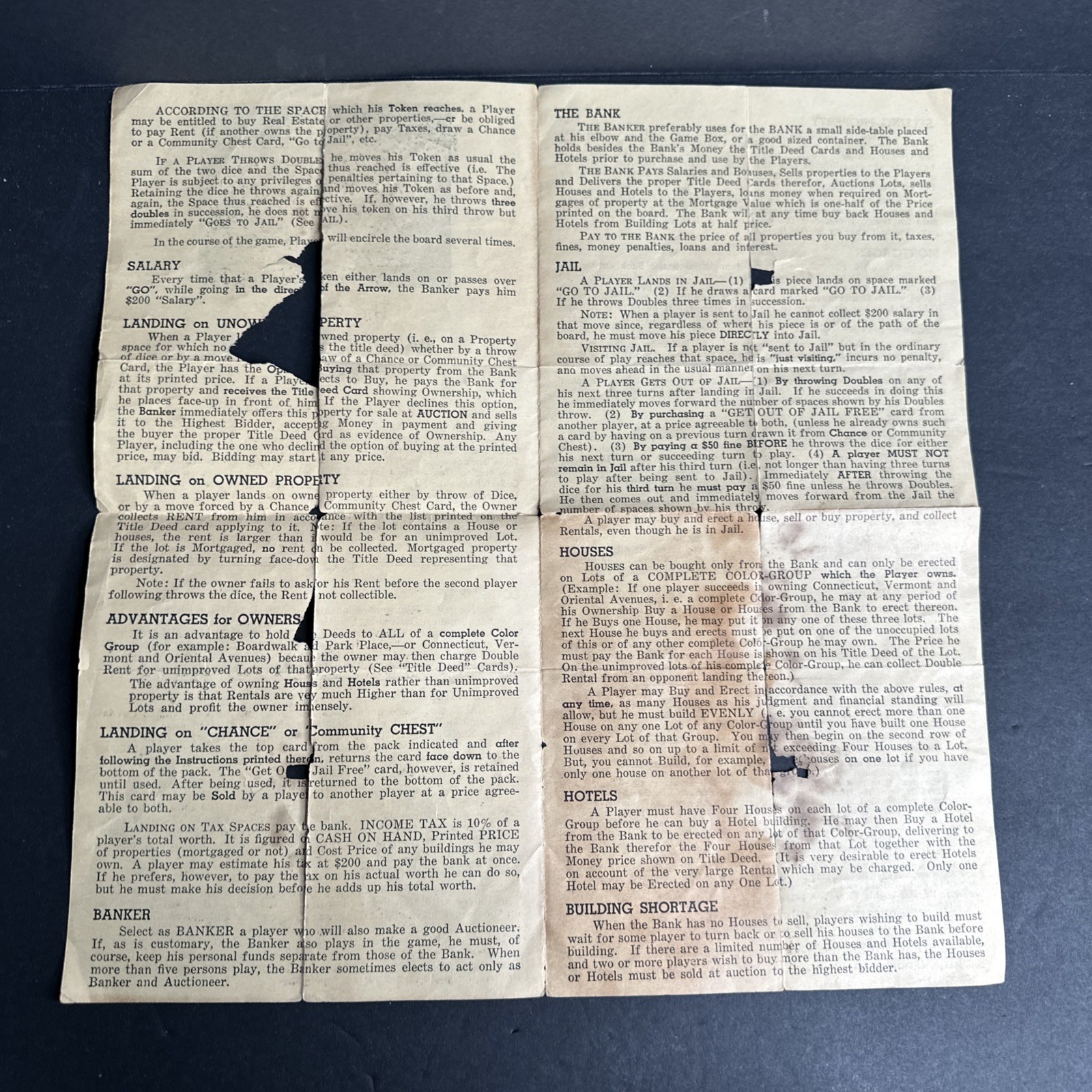 1935 Monopoly Trade-Mark Vintage Original Rules Directions Instructions READ